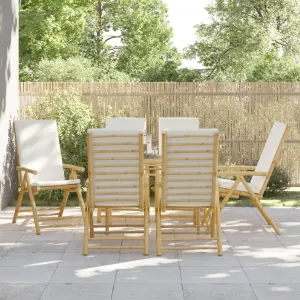 6-Piece Bamboo Folding Reclining Patio Chairs with Cream Cushions, Adjustable Outdoor Lounge Chairs for Poolside Backyard Camping Beach Sunroom (242.5lb Capacity)
