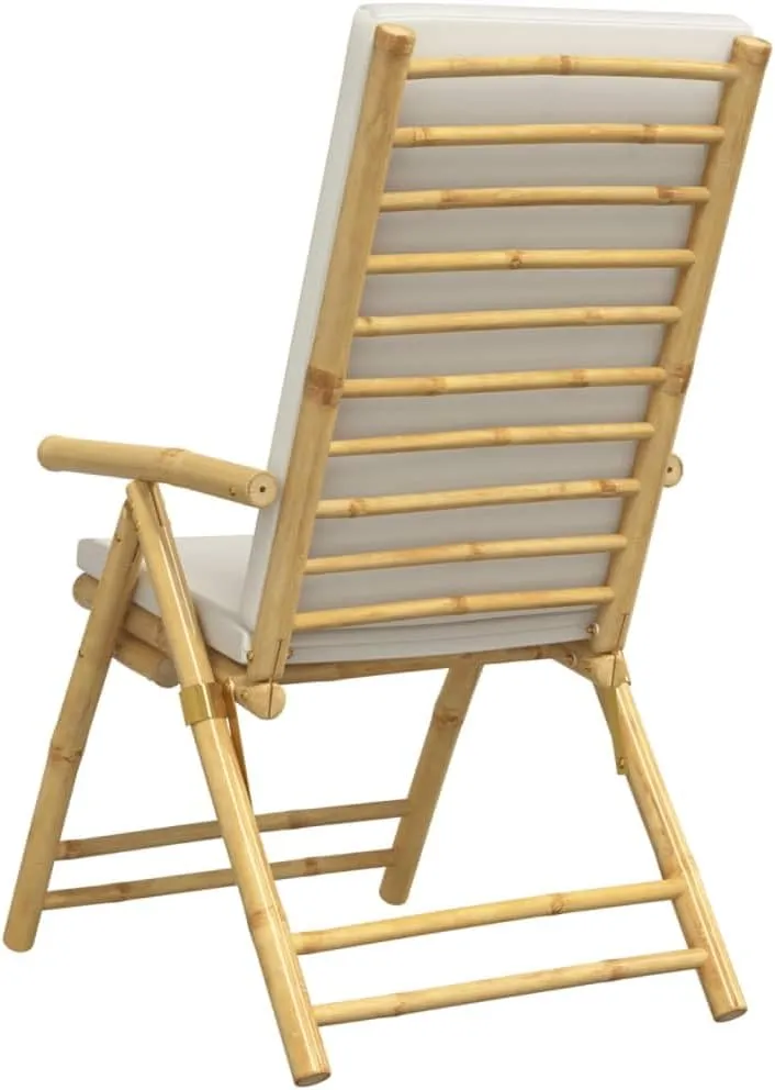 6-Piece Bamboo Folding Reclining Patio Chairs with Cream Cushions, Adjustable Outdoor Lounge Chairs for Poolside Backyard Camping Beach Sunroom (242.5lb Capacity)