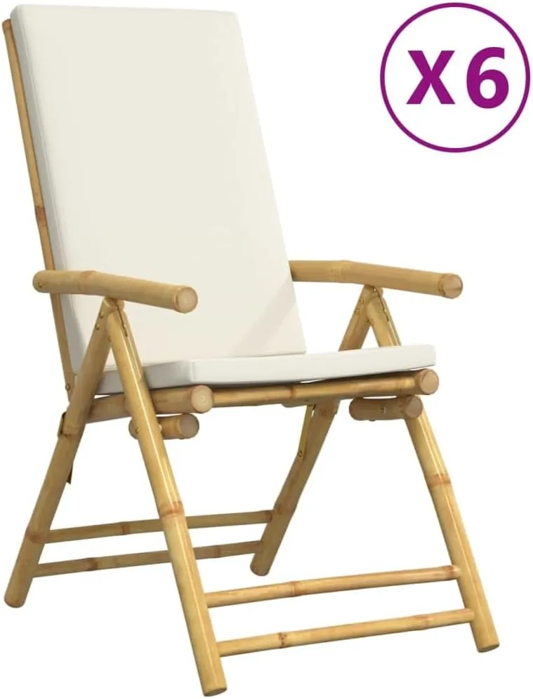 6-Piece Bamboo Folding Reclining Patio Chairs with Cream Cushions, Adjustable Outdoor Lounge Chairs for Poolside Backyard Camping Beach Sunroom (242.5lb Capacity)