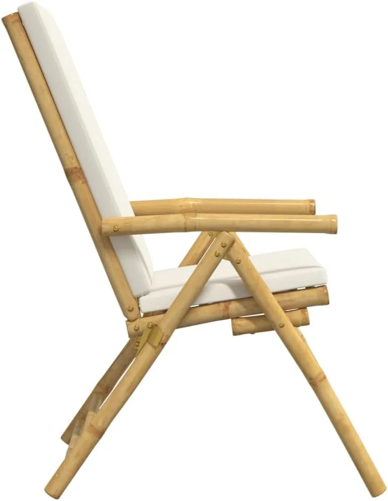6-Piece Bamboo Folding Reclining Patio Chairs with Cream Cushions, Adjustable Outdoor Lounge Chairs for Poolside Backyard Camping Beach Sunroom (242.5lb Capacity)