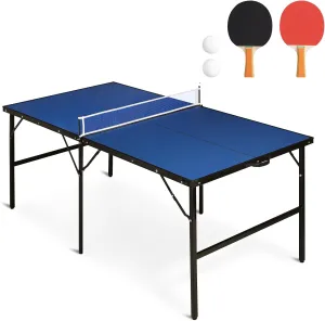 6x3 ft Mid Size Portable Ping Pong Table, Indoor Outdoor Folding Table Tennis Table, Table Tennis for Rec Room w/ 2 Paddles, 2 Balls, Game Net and Adjustable Feet, Sturdy Iron Frame