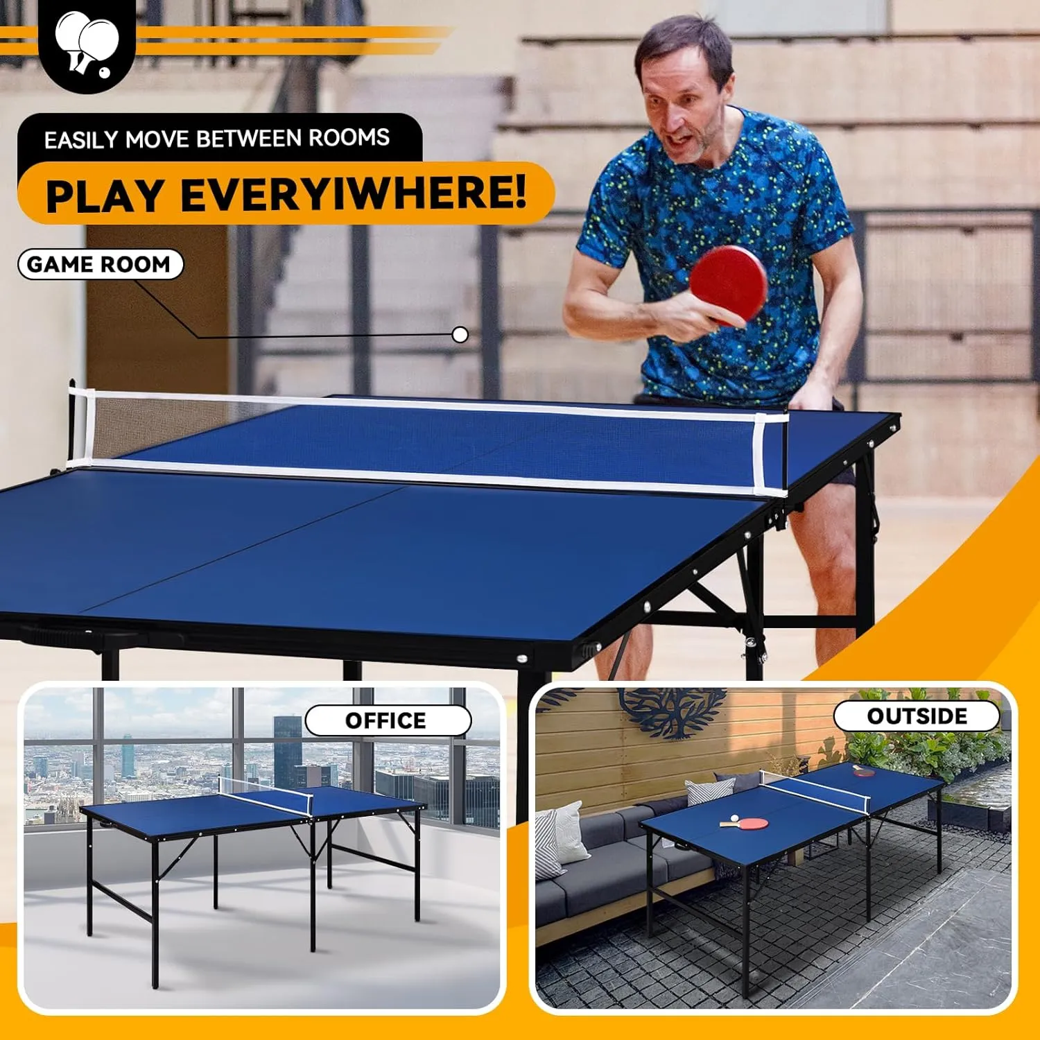 6x3 ft Mid Size Portable Ping Pong Table, Indoor Outdoor Folding Table Tennis Table, Table Tennis for Rec Room w/ 2 Paddles, 2 Balls, Game Net and Adjustable Feet, Sturdy Iron Frame