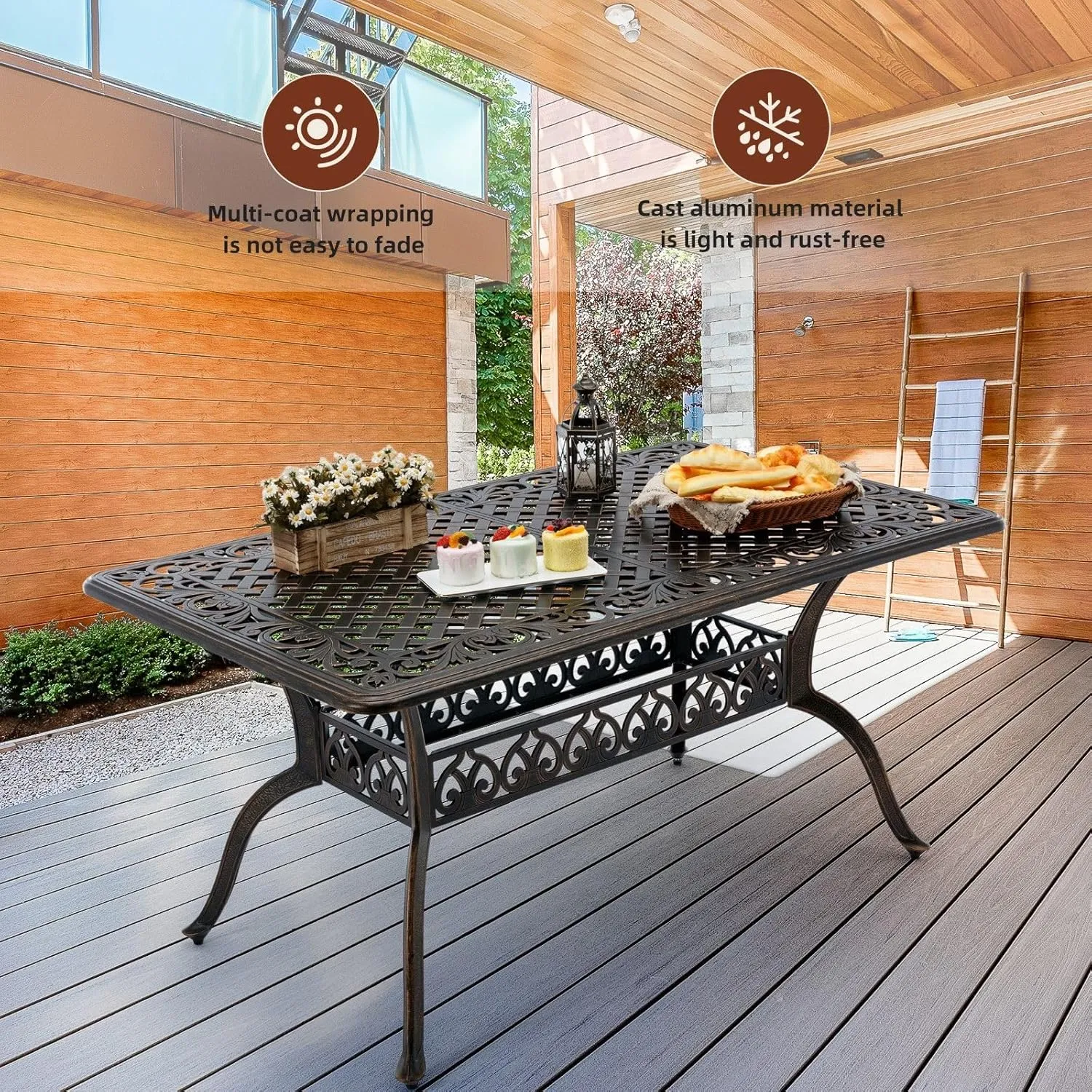 7-Piece Cast Aluminum Outdoor Table and Chairs, Antique Bronze Patio Dining Set for 6 Include 60" Rectangular Outdoor Dining Table and 6 Swivel Chairs with Removable Cushion and Umbrella Hole