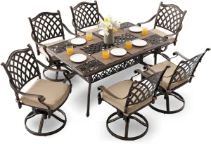 7-Piece Cast Aluminum Outdoor Table and Chairs, Antique Bronze Patio Dining Set for 6 Include 60" Rectangular Outdoor Dining Table and 6 Swivel Chairs with Removable Cushion and Umbrella Hole