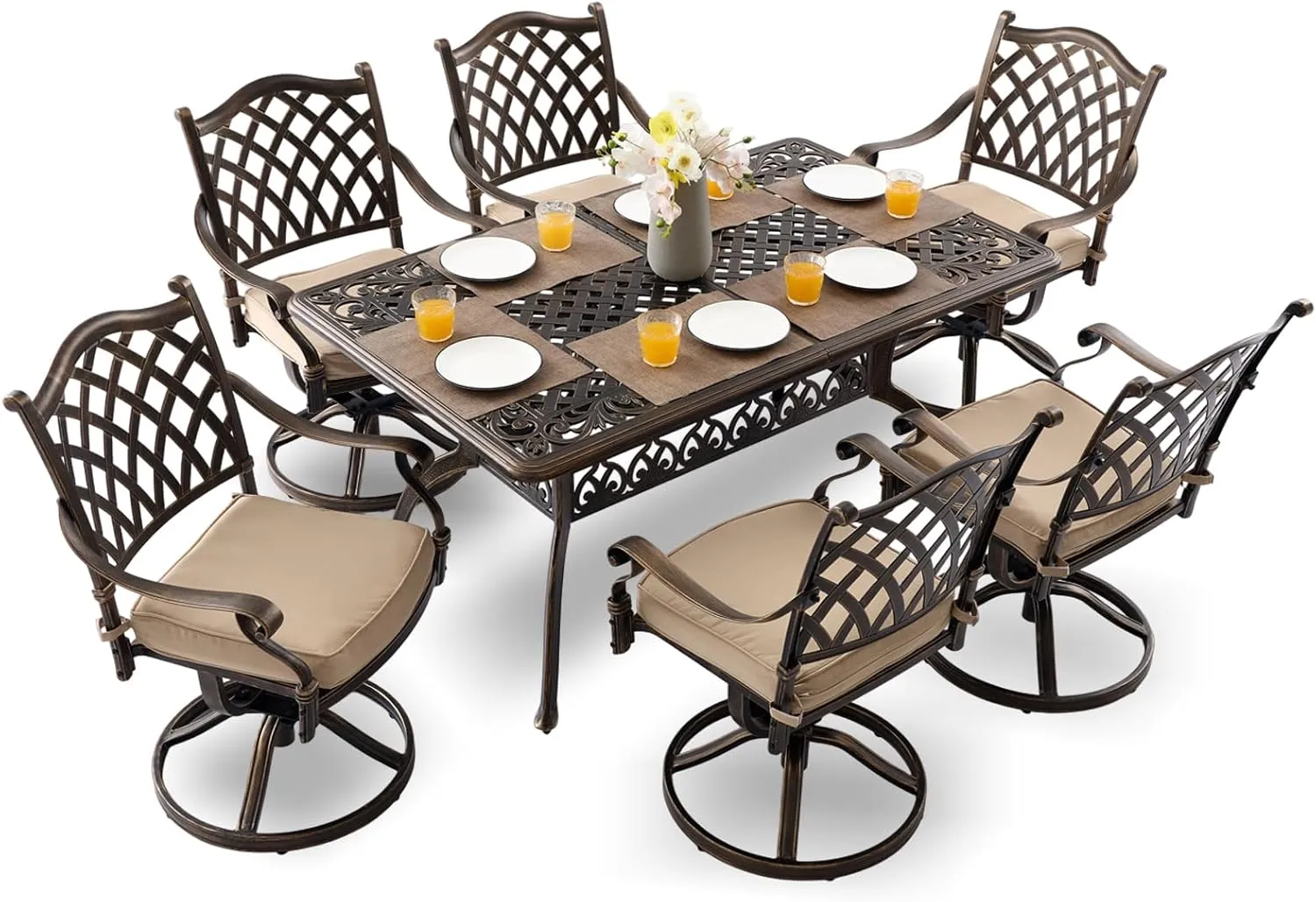 7-Piece Cast Aluminum Outdoor Table and Chairs, Antique Bronze Patio Dining Set for 6 Include 60" Rectangular Outdoor Dining Table and 6 Swivel Chairs with Removable Cushion and Umbrella Hole