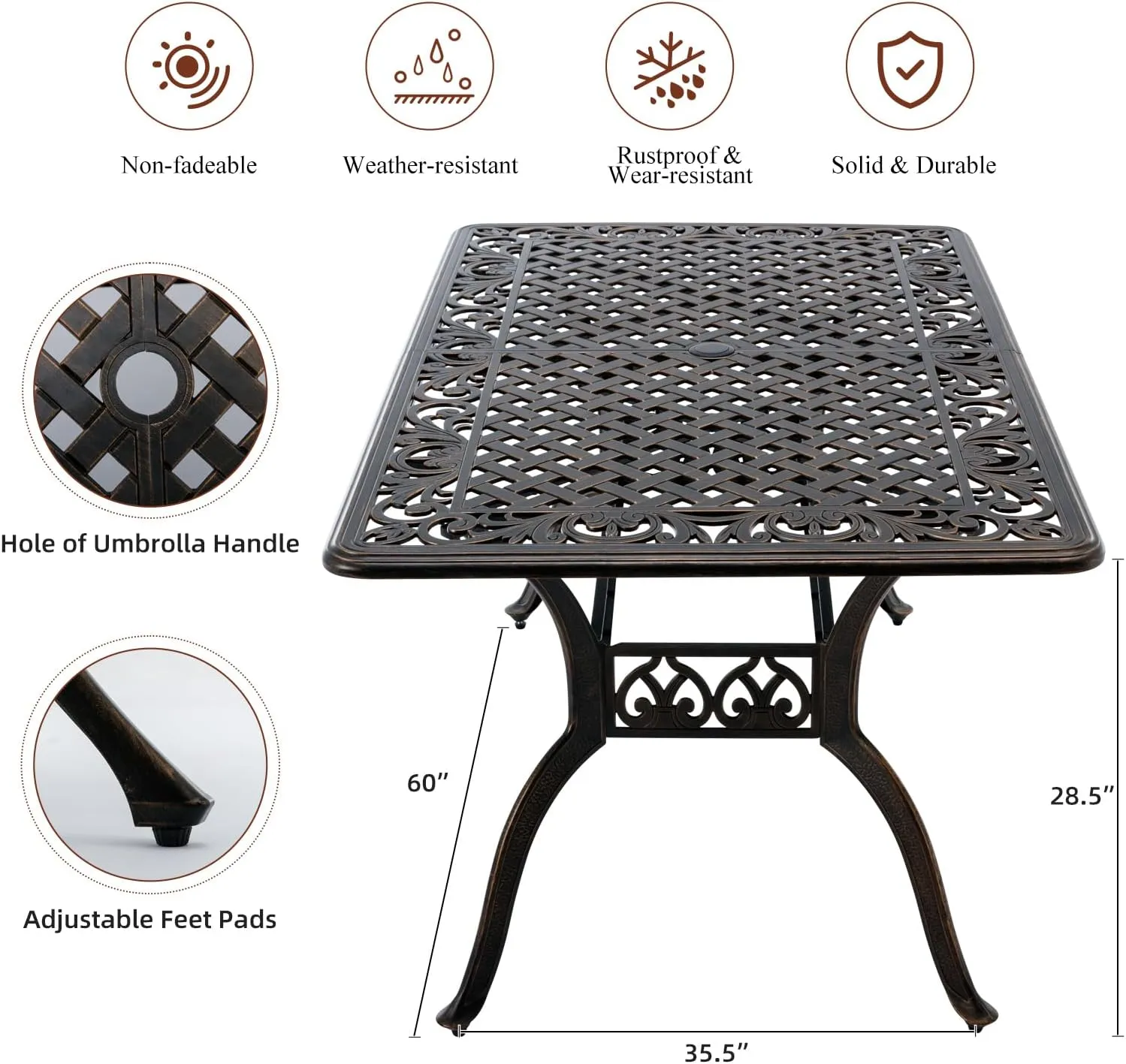 7-Piece Cast Aluminum Outdoor Table and Chairs, Antique Bronze Patio Dining Set for 6 Include 60" Rectangular Outdoor Dining Table and 6 Swivel Chairs with Removable Cushion and Umbrella Hole