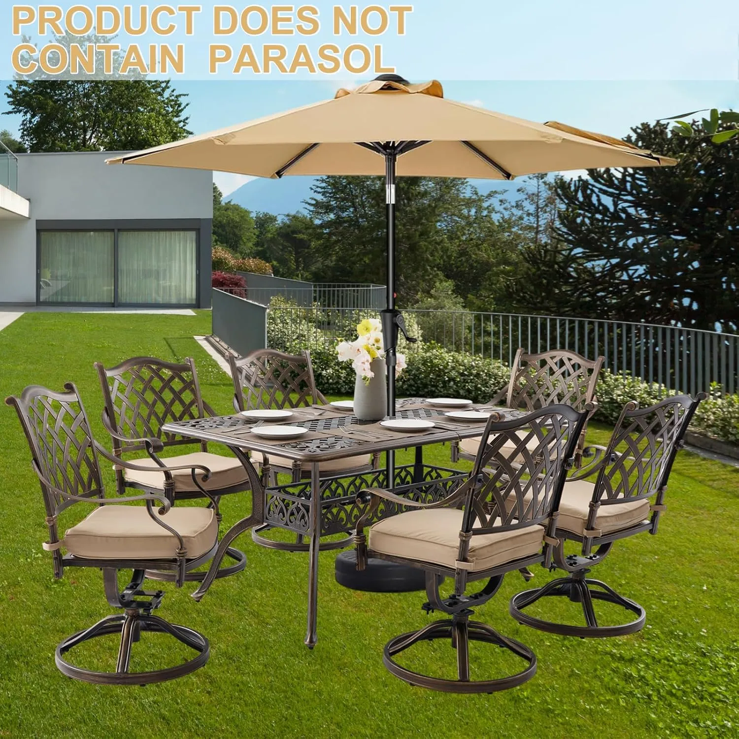 7-Piece Cast Aluminum Outdoor Table and Chairs, Antique Bronze Patio Dining Set for 6 Include 60" Rectangular Outdoor Dining Table and 6 Swivel Chairs with Removable Cushion and Umbrella Hole