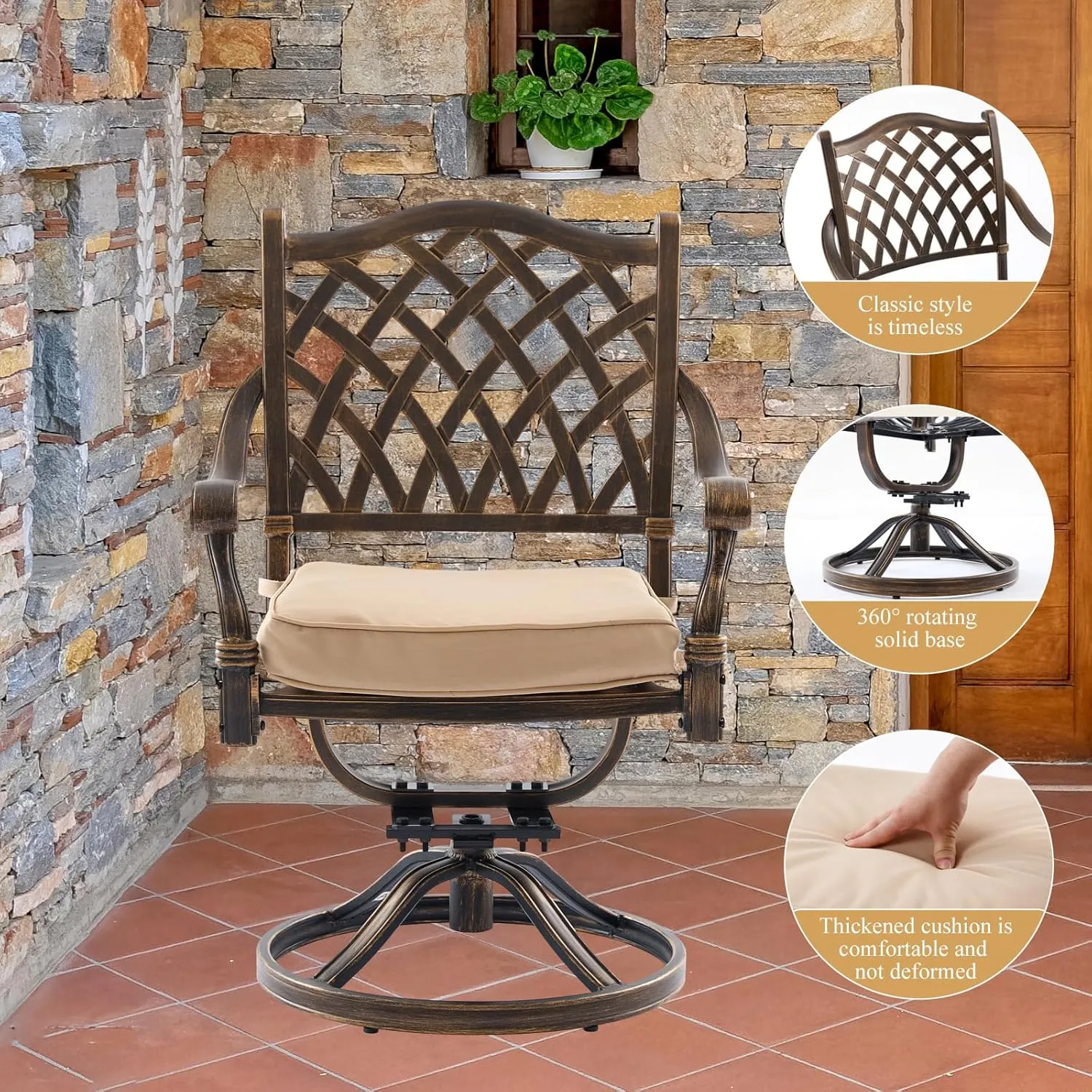 7-Piece Cast Aluminum Outdoor Table and Chairs, Antique Bronze Patio Dining Set for 6 Include 60" Rectangular Outdoor Dining Table and 6 Swivel Chairs with Removable Cushion and Umbrella Hole
