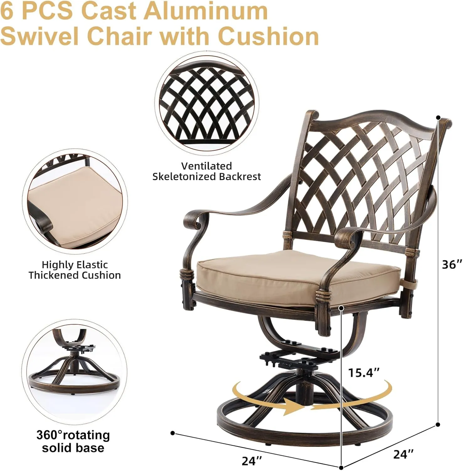 7-Piece Cast Aluminum Outdoor Table and Chairs, Antique Bronze Patio Dining Set for 6 Include 60" Rectangular Outdoor Dining Table and 6 Swivel Chairs with Removable Cushion and Umbrella Hole
