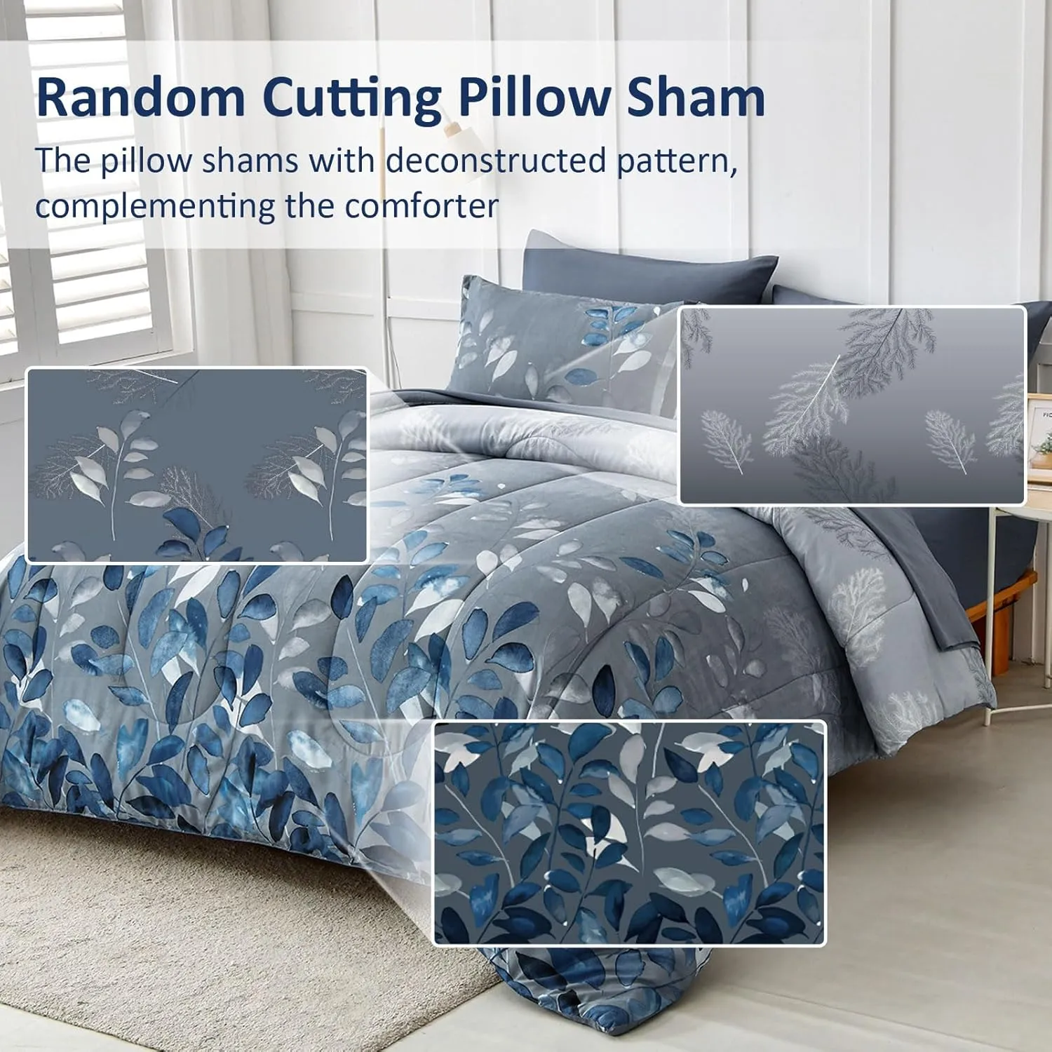 7 Piece Navy Blue Botanical Bed in a Bag King Floral Comforter Set - Elegant Gradient Leaves Bedding Set for All Season (1 Comforter, 2 Pillow Shams, 2 Pillowcases, 1 Flat Sheet, 1 Fitted Sheet)