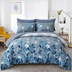 7 Piece Navy Blue Botanical Bed in a Bag King Floral Comforter Set - Elegant Gradient Leaves Bedding Set for All Season (1 Comforter, 2 Pillow Shams, 2 Pillowcases, 1 Flat Sheet, 1 Fitted Sheet)