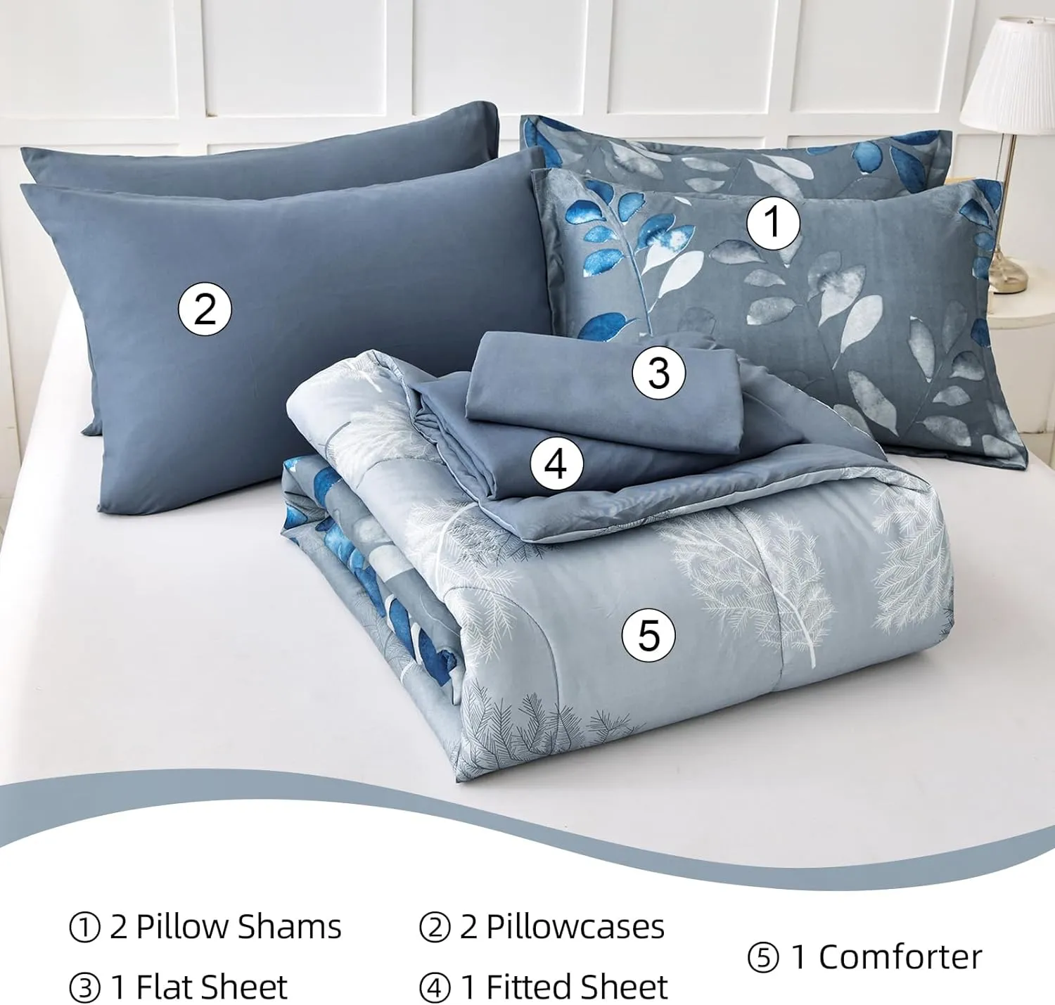 7 Piece Navy Blue Botanical Bed in a Bag King Floral Comforter Set - Elegant Gradient Leaves Bedding Set for All Season (1 Comforter, 2 Pillow Shams, 2 Pillowcases, 1 Flat Sheet, 1 Fitted Sheet)