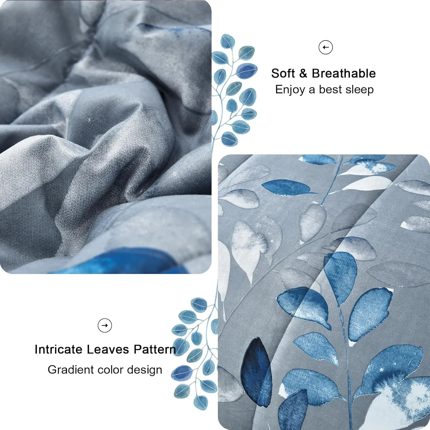7 Piece Navy Blue Botanical Bed in a Bag King Floral Comforter Set - Elegant Gradient Leaves Bedding Set for All Season (1 Comforter, 2 Pillow Shams, 2 Pillowcases, 1 Flat Sheet, 1 Fitted Sheet)