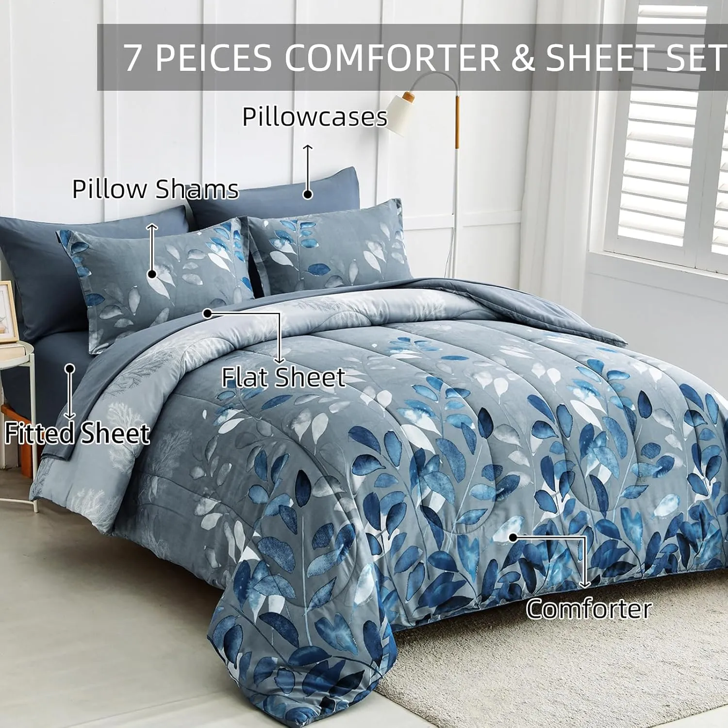 7 Piece Navy Blue Botanical Bed in a Bag King Floral Comforter Set - Elegant Gradient Leaves Bedding Set for All Season (1 Comforter, 2 Pillow Shams, 2 Pillowcases, 1 Flat Sheet, 1 Fitted Sheet)
