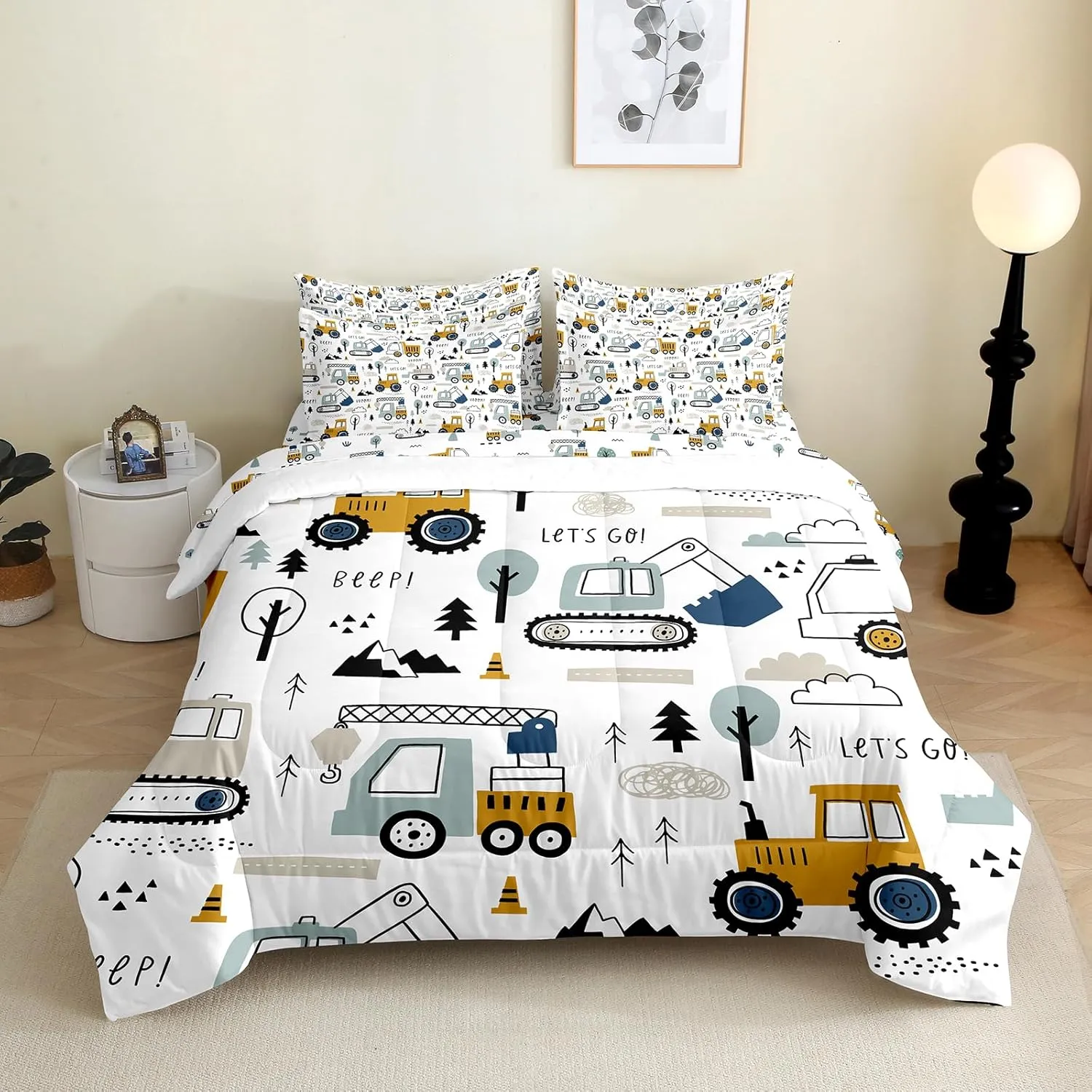 7 Pieces Construction Comforter Set for Kids Toddler Queen Size Truck Car Bedding Set for Boys Girls Teens Bed in a Bag with Comforter, Sheets, Pillowcases & Shams