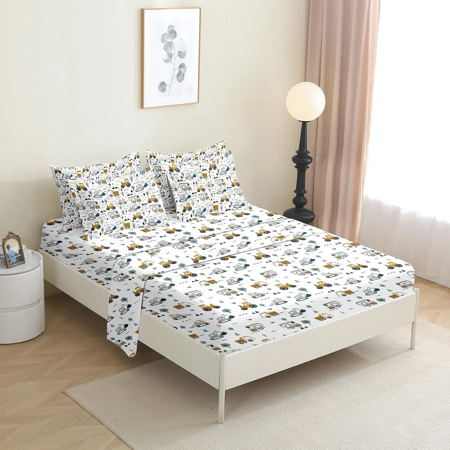 7 Pieces Construction Comforter Set for Kids Toddler Queen Size Truck Car Bedding Set for Boys Girls Teens Bed in a Bag with Comforter, Sheets, Pillowcases & Shams