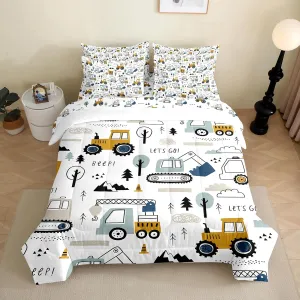 7 Pieces Construction Comforter Set for Kids Toddler Queen Size Truck Car Bedding Set for Boys Girls Teens Bed in a Bag with Comforter, Sheets, Pillowcases & Shams
