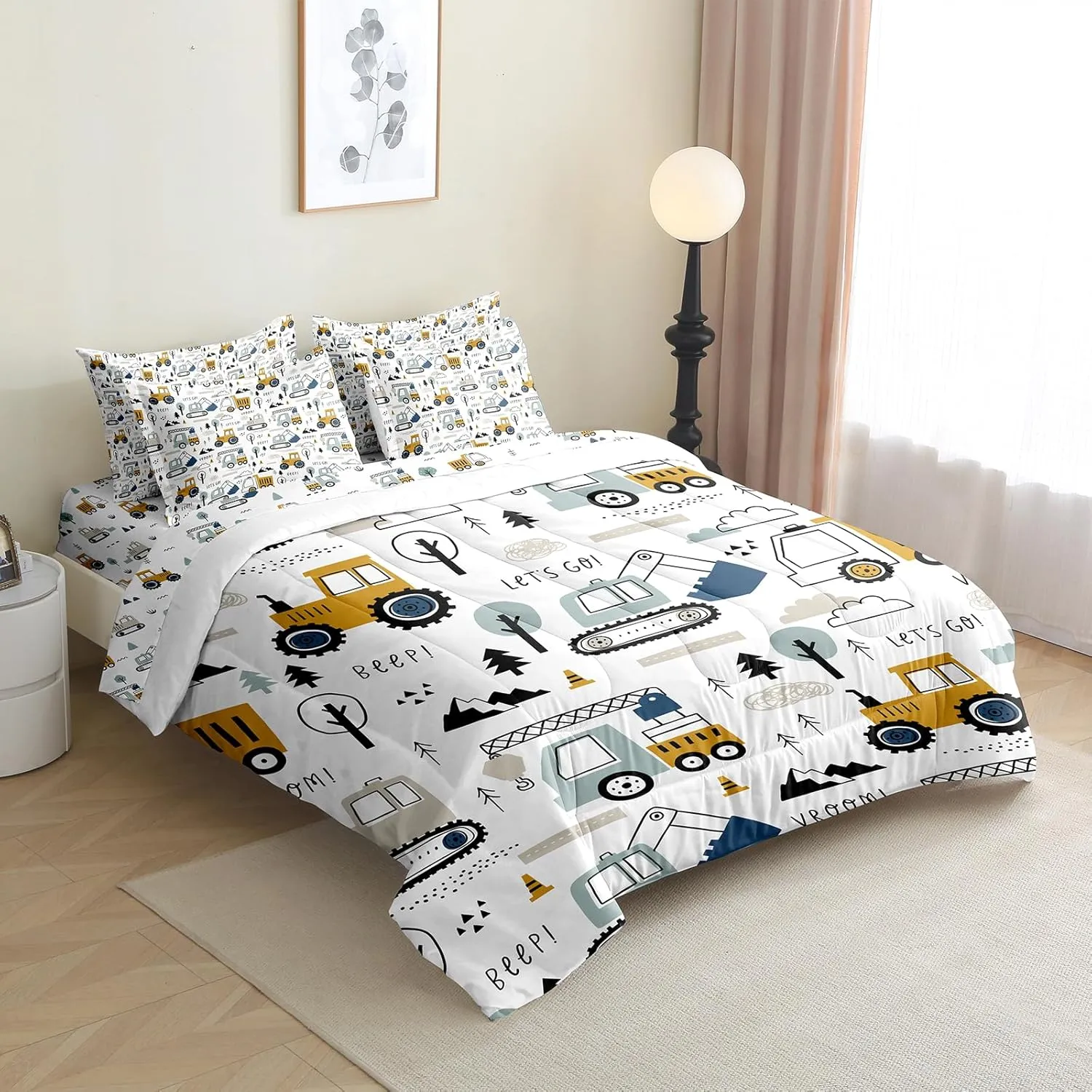 7 Pieces Construction Comforter Set for Kids Toddler Queen Size Truck Car Bedding Set for Boys Girls Teens Bed in a Bag with Comforter, Sheets, Pillowcases & Shams