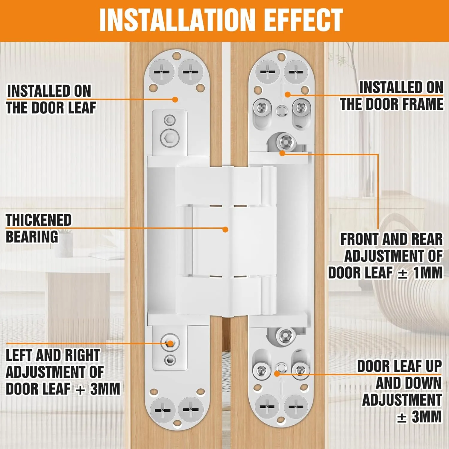 7" Hidden Door Hinge/Invisible Door Silent 180 Degree Swing Hinge 3-Way Adjustable Butt 7 x 2.8 x 1 (Pack of 2) (White 7 inches)