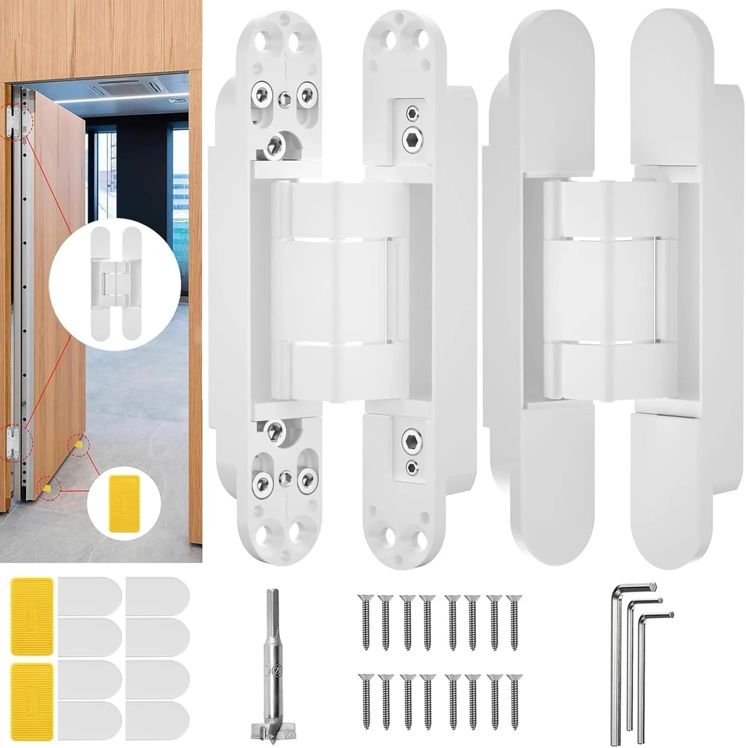 7" Hidden Door Hinge/Invisible Door Silent 180 Degree Swing Hinge 3-Way Adjustable Butt 7 x 2.8 x 1 (Pack of 2) (White 7 inches)