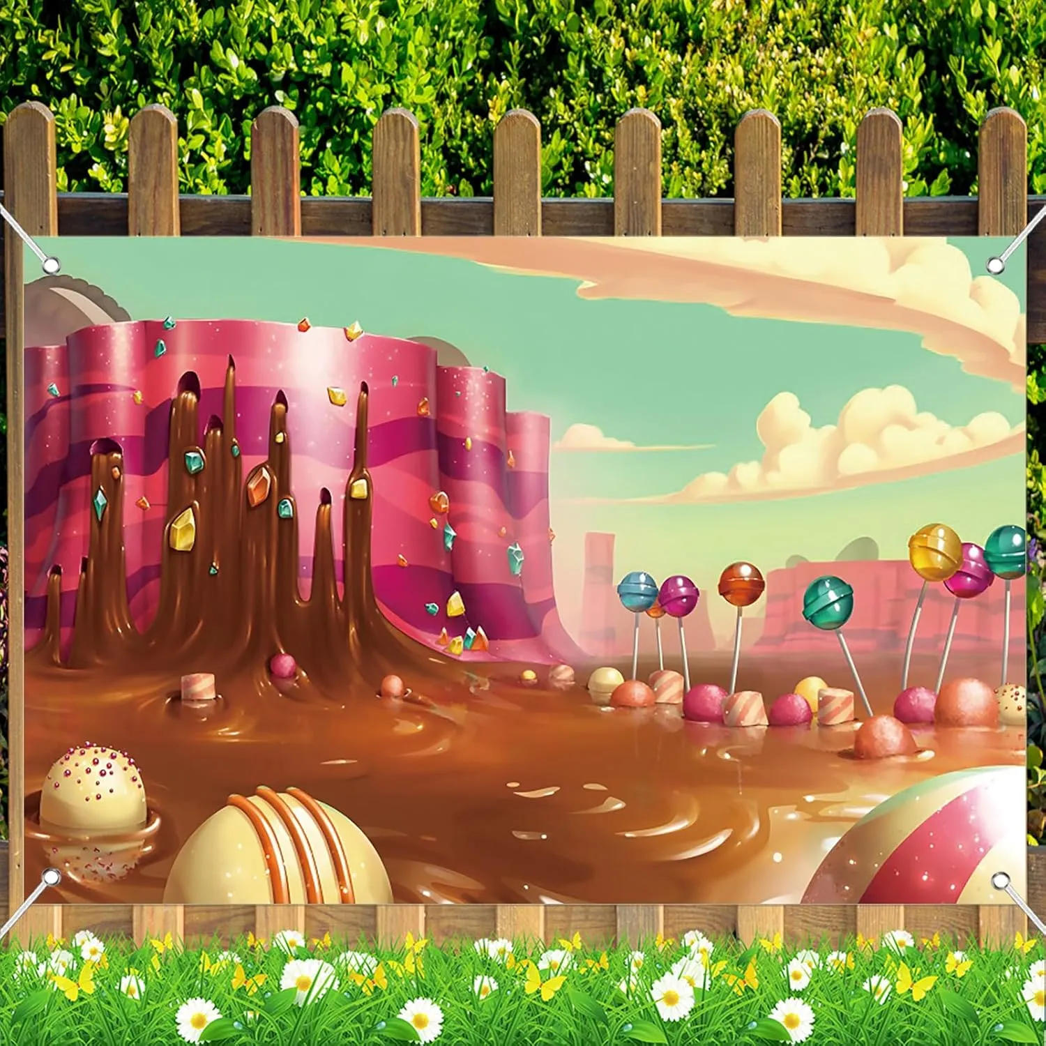 7x5ft Fabric Sweet Candyland Backdrop Cartoon Chocolate Waterfall Rainbow Lollipop Dessert Mountain Photography Background Princess Girl Birthday Baby Shower Party Banner