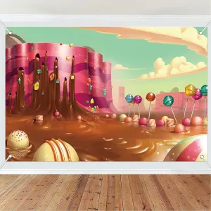 7x5ft Fabric Sweet Candyland Backdrop Cartoon Chocolate Waterfall Rainbow Lollipop Dessert Mountain Photography Background Princess Girl Birthday Baby Shower Party Banner