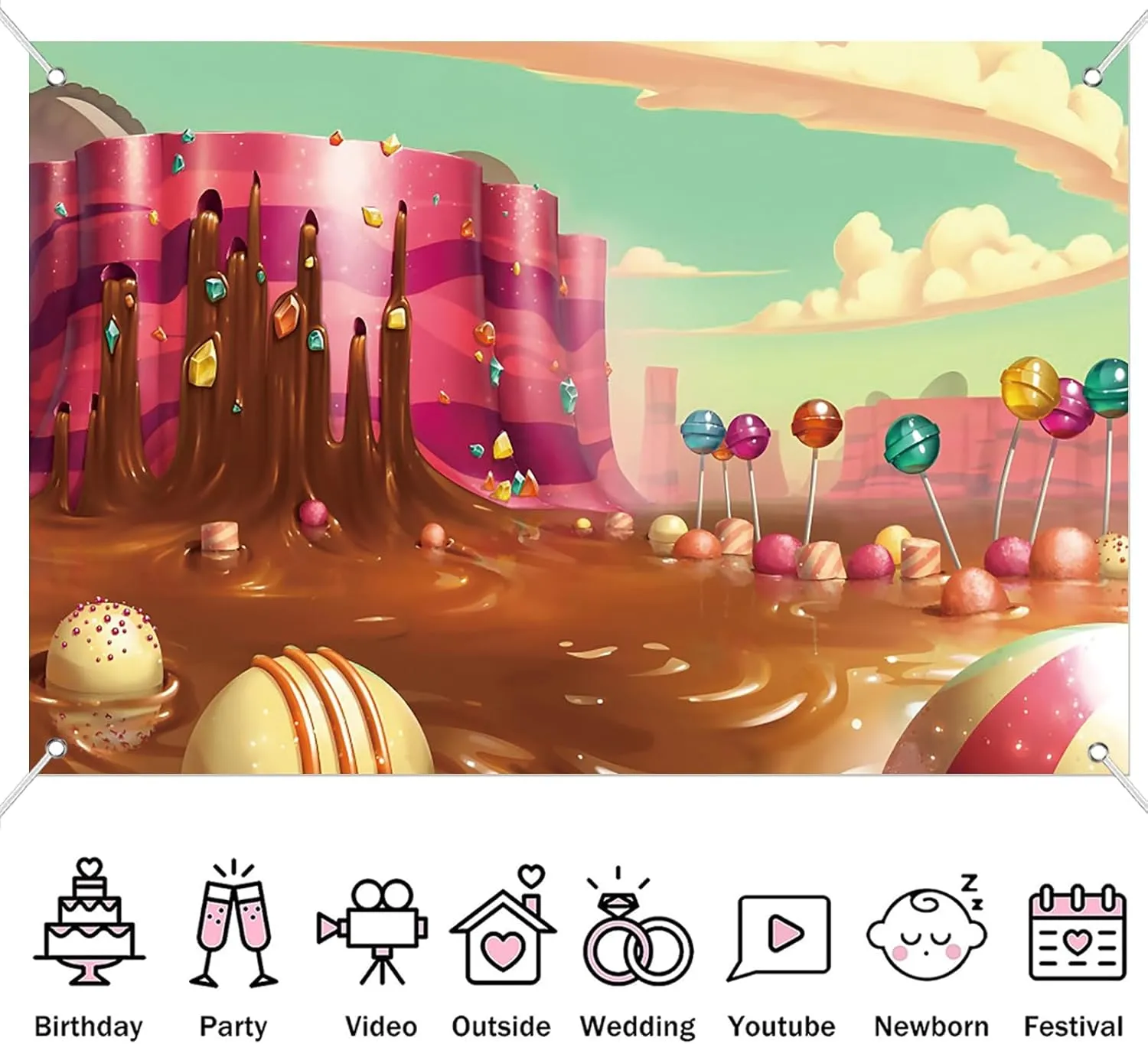 7x5ft Fabric Sweet Candyland Backdrop Cartoon Chocolate Waterfall Rainbow Lollipop Dessert Mountain Photography Background Princess Girl Birthday Baby Shower Party Banner