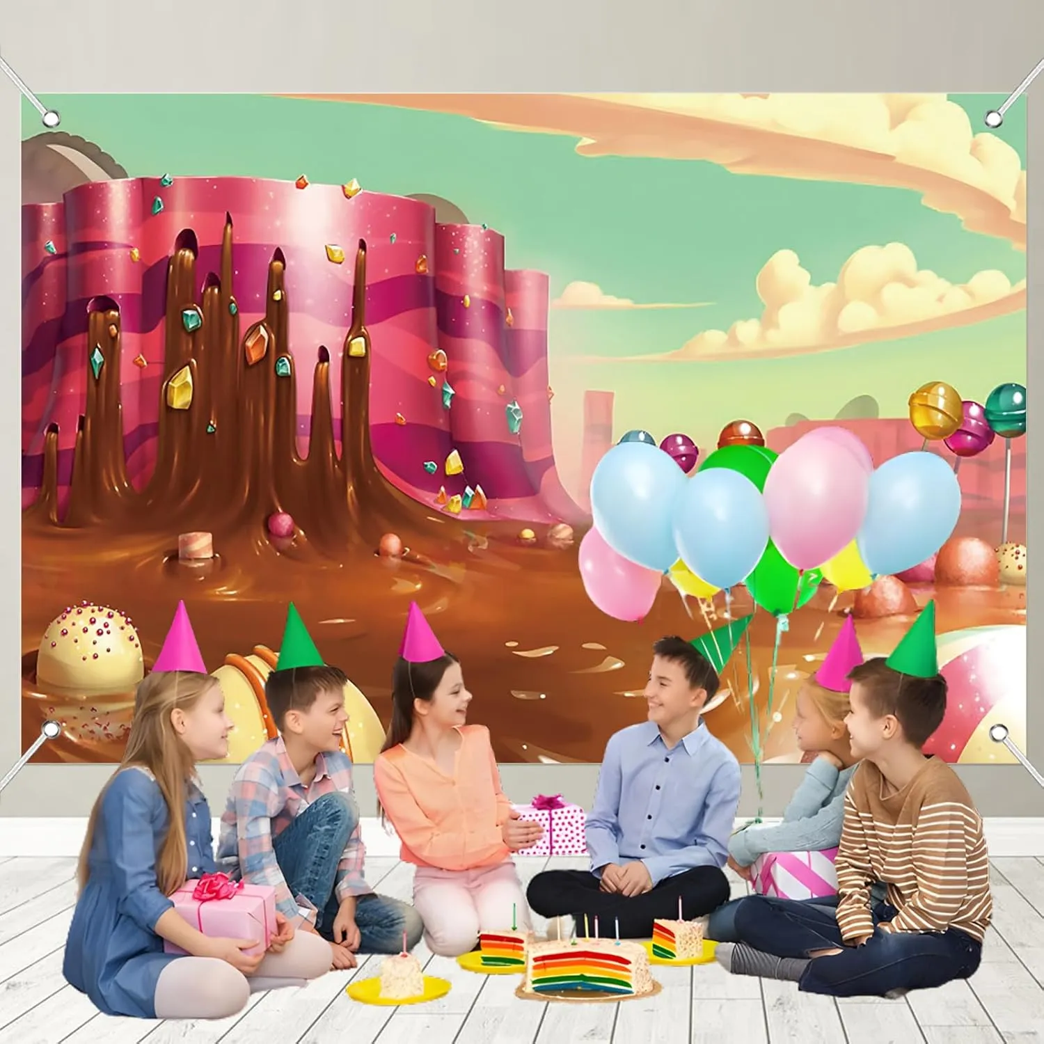 7x5ft Fabric Sweet Candyland Backdrop Cartoon Chocolate Waterfall Rainbow Lollipop Dessert Mountain Photography Background Princess Girl Birthday Baby Shower Party Banner