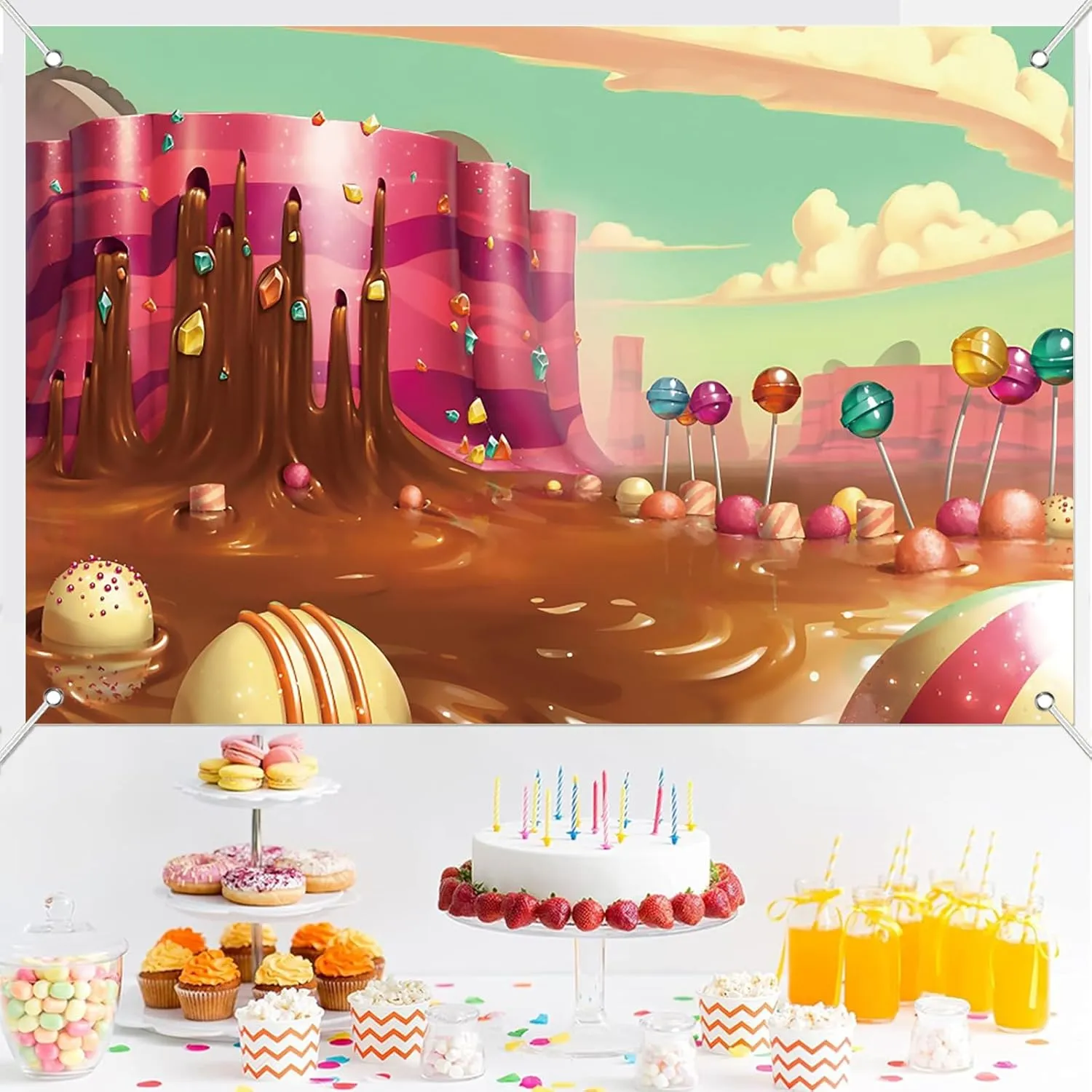7x5ft Fabric Sweet Candyland Backdrop Cartoon Chocolate Waterfall Rainbow Lollipop Dessert Mountain Photography Background Princess Girl Birthday Baby Shower Party Banner