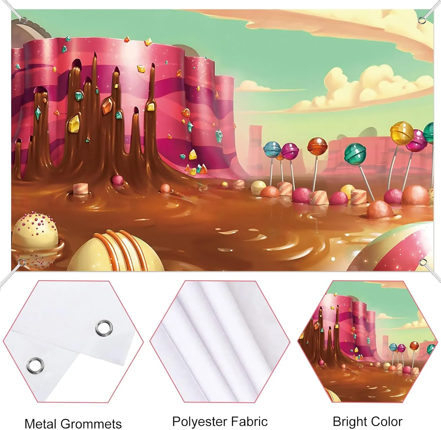 7x5ft Fabric Sweet Candyland Backdrop Cartoon Chocolate Waterfall Rainbow Lollipop Dessert Mountain Photography Background Princess Girl Birthday Baby Shower Party Banner
