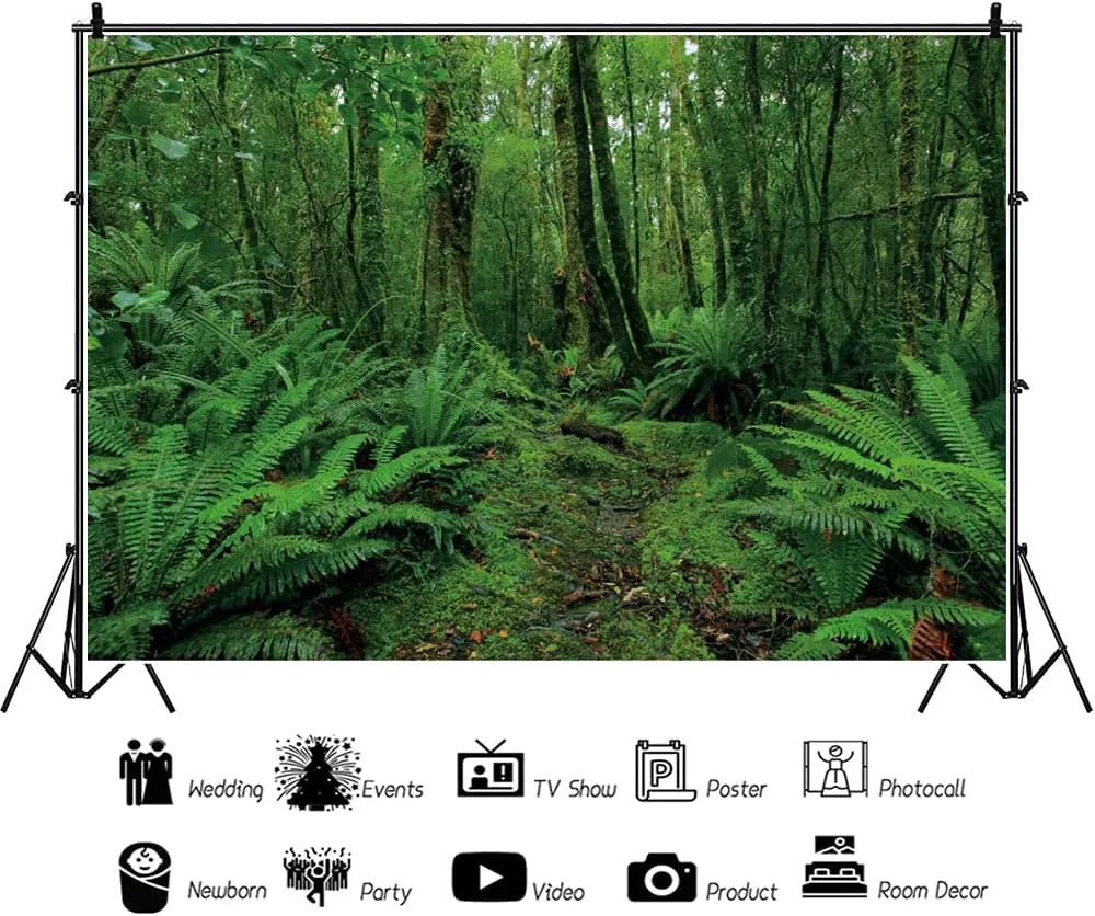 7x5ft Green Jungle Forest Backdrop for Photography Spring Woods Rainforest Natural Scenery Outdoor Wonderland Background Picnic Camping Adventure Photo Booth Studio Props