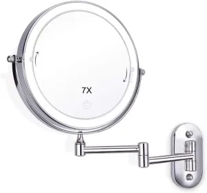 8 Inch Makeup Mirror, 7X Wall Mounted Magnifying Vanity Mirror with Lights 360 Degree Rotation Adjustable Extending Folding Bathroom Mirror for Dressing Table, Makeup Room