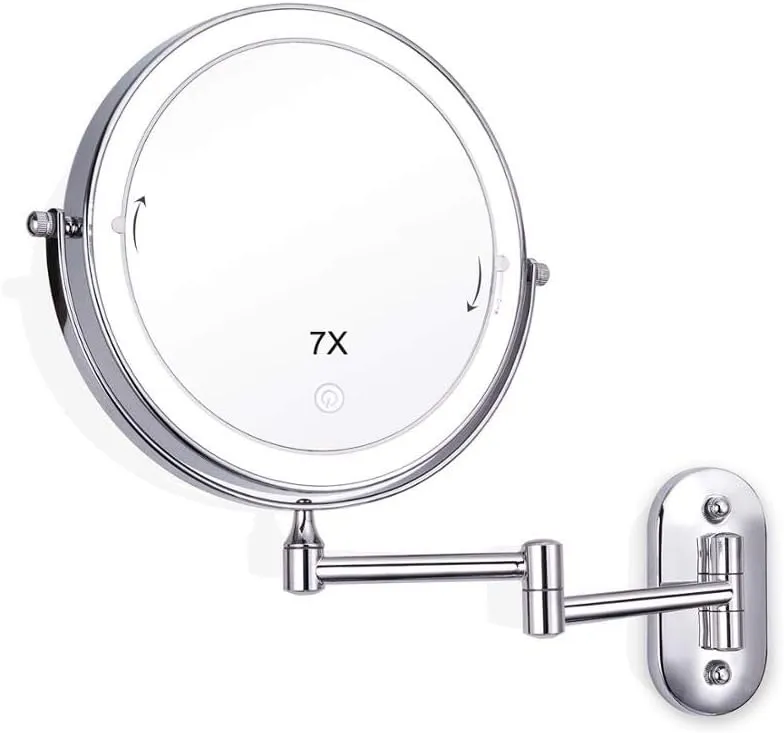 8 Inch Makeup Mirror, 7X Wall Mounted Magnifying Vanity Mirror with Lights 360 Degree Rotation Adjustable Extending Folding Bathroom Mirror for Dressing Table, Makeup Room