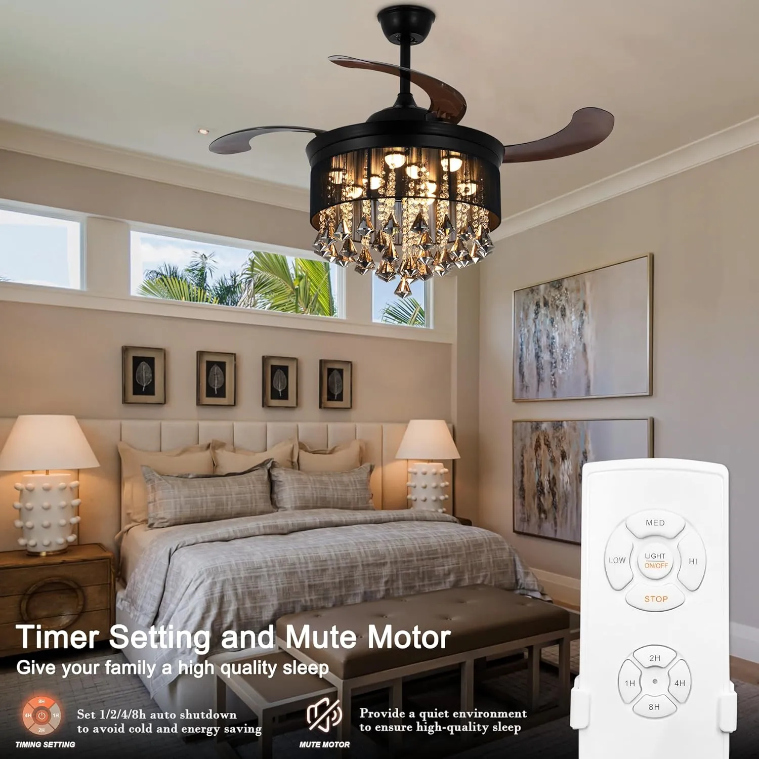 A Million 42" Modern Ceiling Fan with Light Crystal Black Chandelier Remote Retractable Amber Blades 3 Speeds 3 Colors Ceiling Fans Lighting Fixture, Silent Motor with LED Kits Included
