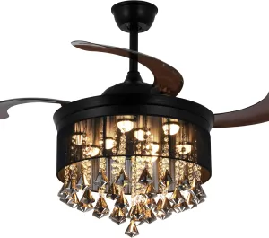 A Million 42" Modern Ceiling Fan with Light Crystal Black Chandelier Remote Retractable Amber Blades 3 Speeds 3 Colors Ceiling Fans Lighting Fixture, Silent Motor with LED Kits Included