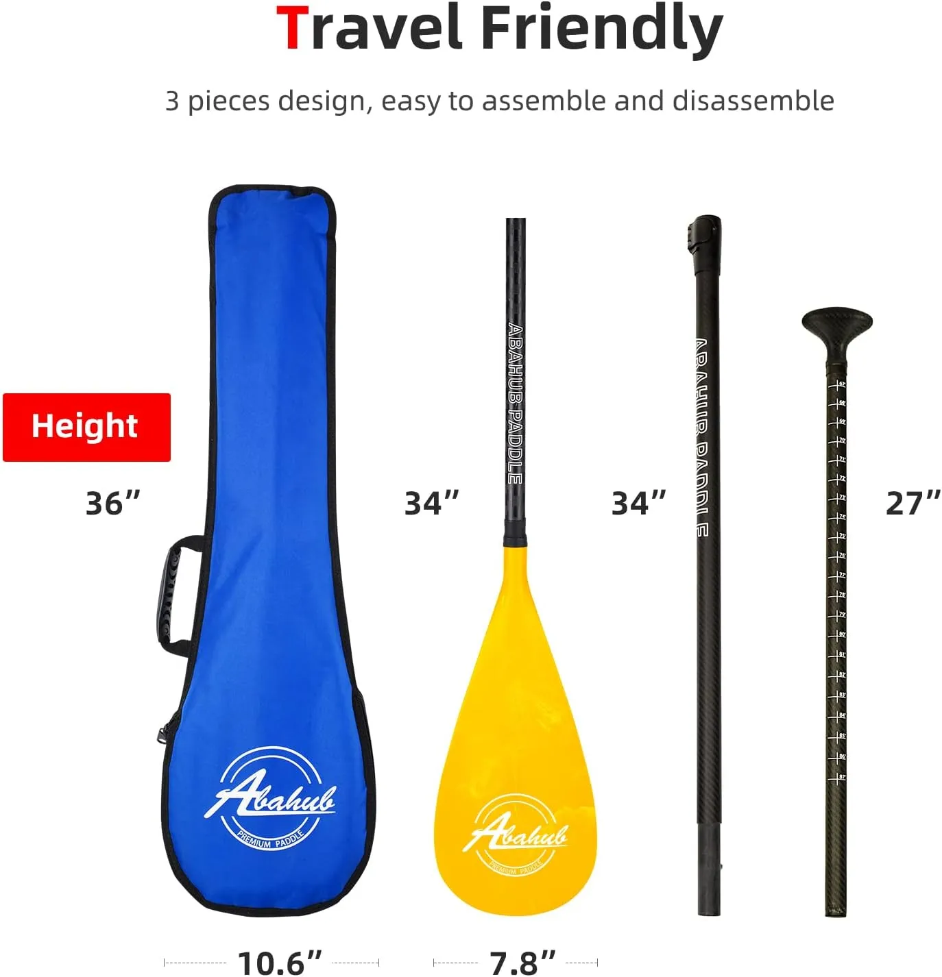 Abahub Carbon Fiber SUP Paddles, 1 x 3 Section Adjustable 67" - 86" Carbon Fiber Shaft, Lightweight Stand-up Paddle Oars for Paddleboards, with a Carrying Bag
