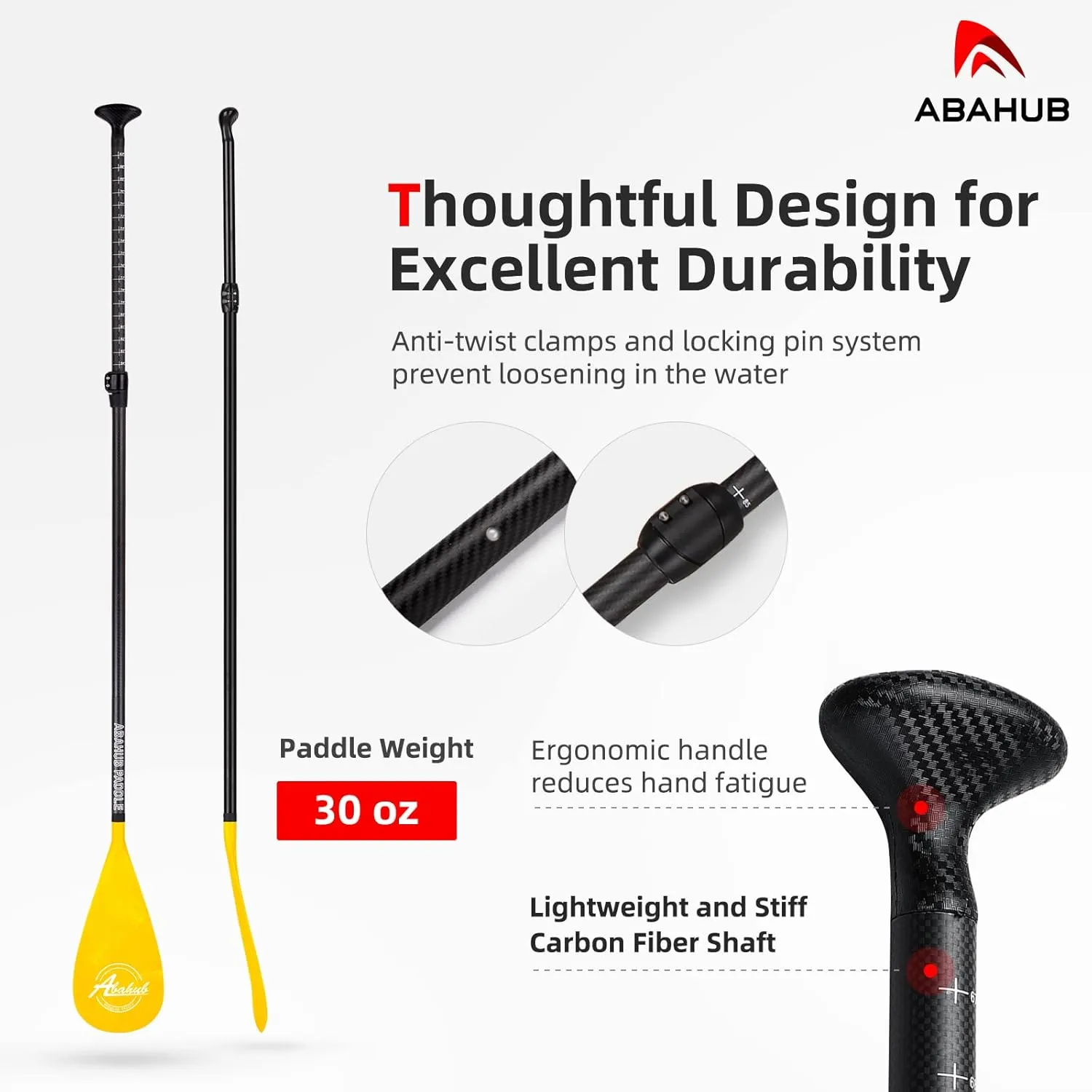 Abahub Carbon Fiber SUP Paddles, 1 x 3 Section Adjustable 67" - 86" Carbon Fiber Shaft, Lightweight Stand-up Paddle Oars for Paddleboards, with a Carrying Bag