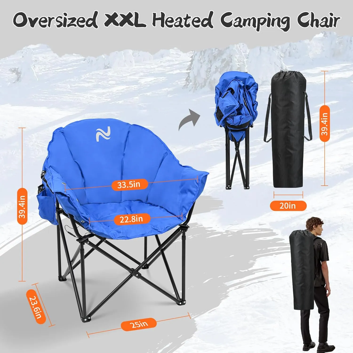 ABORON Heated Camping Chair Oversized, Three Model Portable Heated Cushion Folding Chair, Heavy Duty Heated Foldable Chairs Support Up to 500 lbs, Ideal for Outdoor Adventures