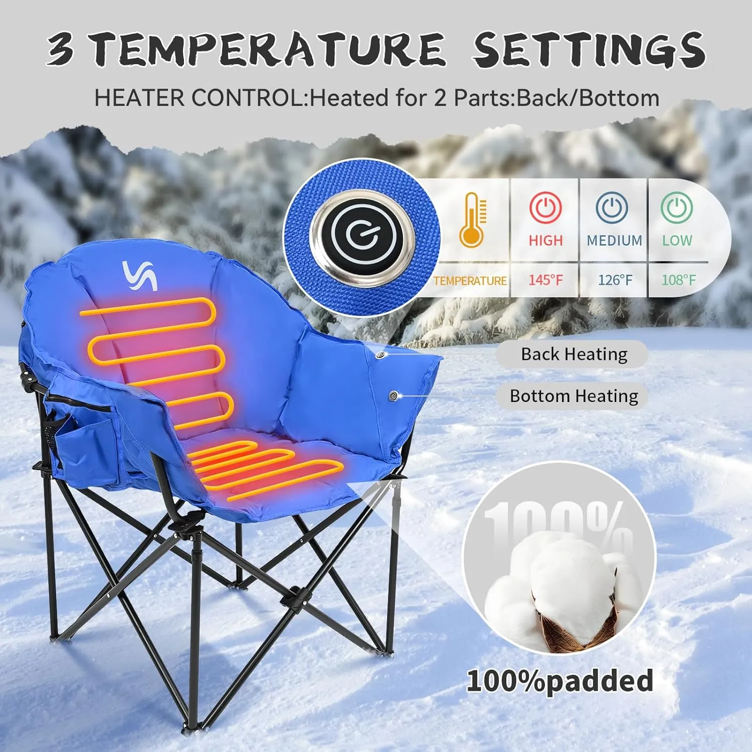 ABORON Heated Camping Chair Oversized, Three Model Portable Heated Cushion Folding Chair, Heavy Duty Heated Foldable Chairs Support Up to 500 lbs, Ideal for Outdoor Adventures
