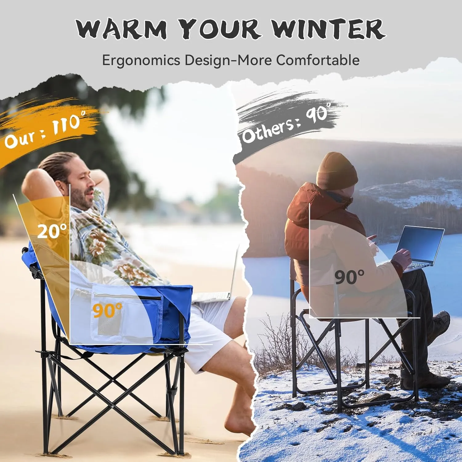 ABORON Heated Camping Chair Oversized, Three Model Portable Heated Cushion Folding Chair, Heavy Duty Heated Foldable Chairs Support Up to 500 lbs, Ideal for Outdoor Adventures
