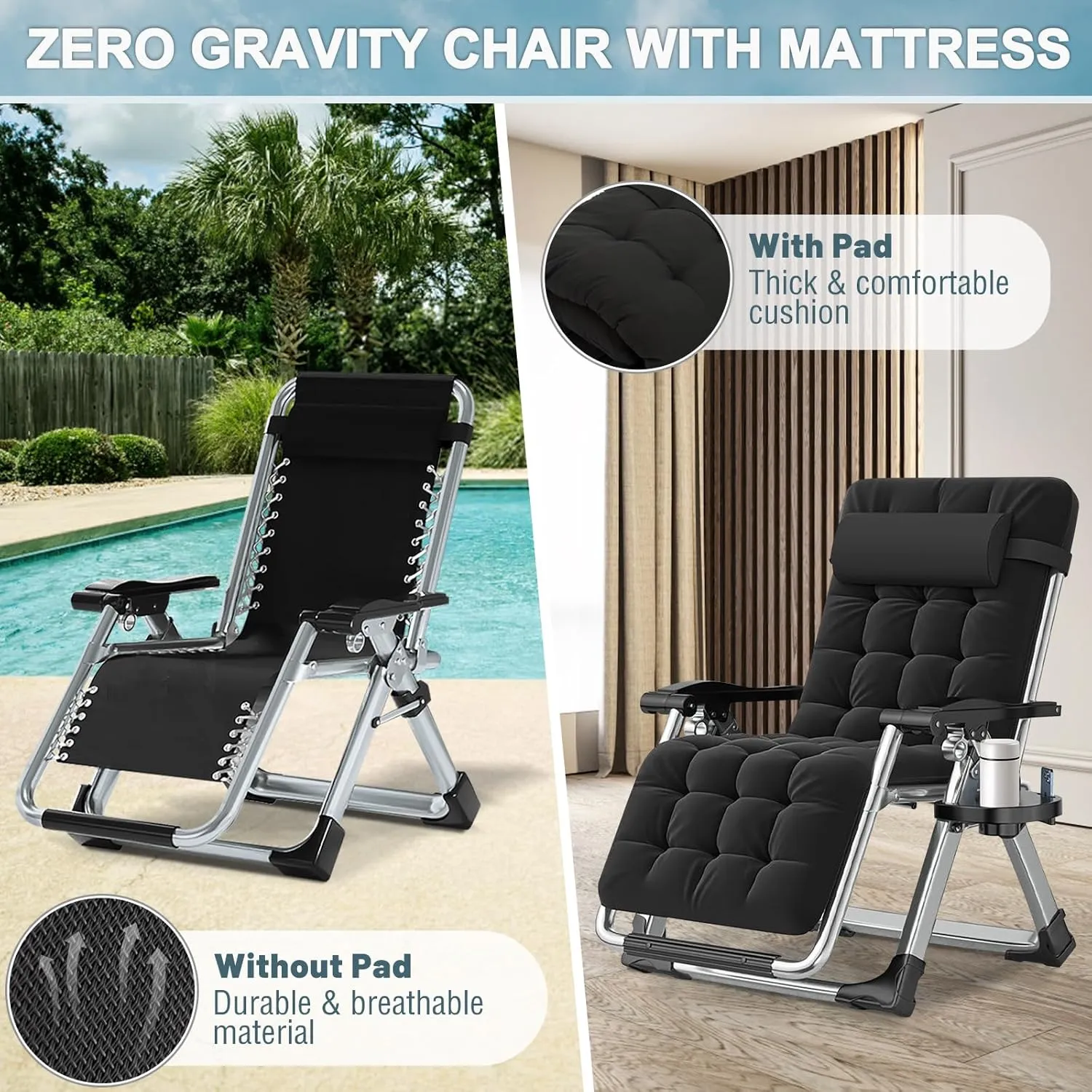 ABORON Zero Gravity Chair Set of 2, Outdoor Lounge Chairs Sun Loungers with Removable Cushion,Headrest,Cup Holder,Reclining Patio Lounger Chair for Indoor and Outdoor