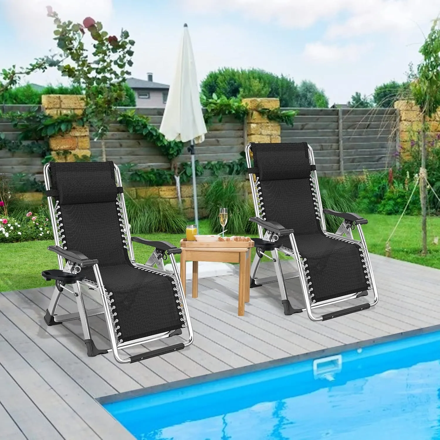 ABORON Zero Gravity Chair Set of 2, Outdoor Lounge Chairs Sun Loungers with Removable Cushion,Headrest,Cup Holder,Reclining Patio Lounger Chair for Indoor and Outdoor