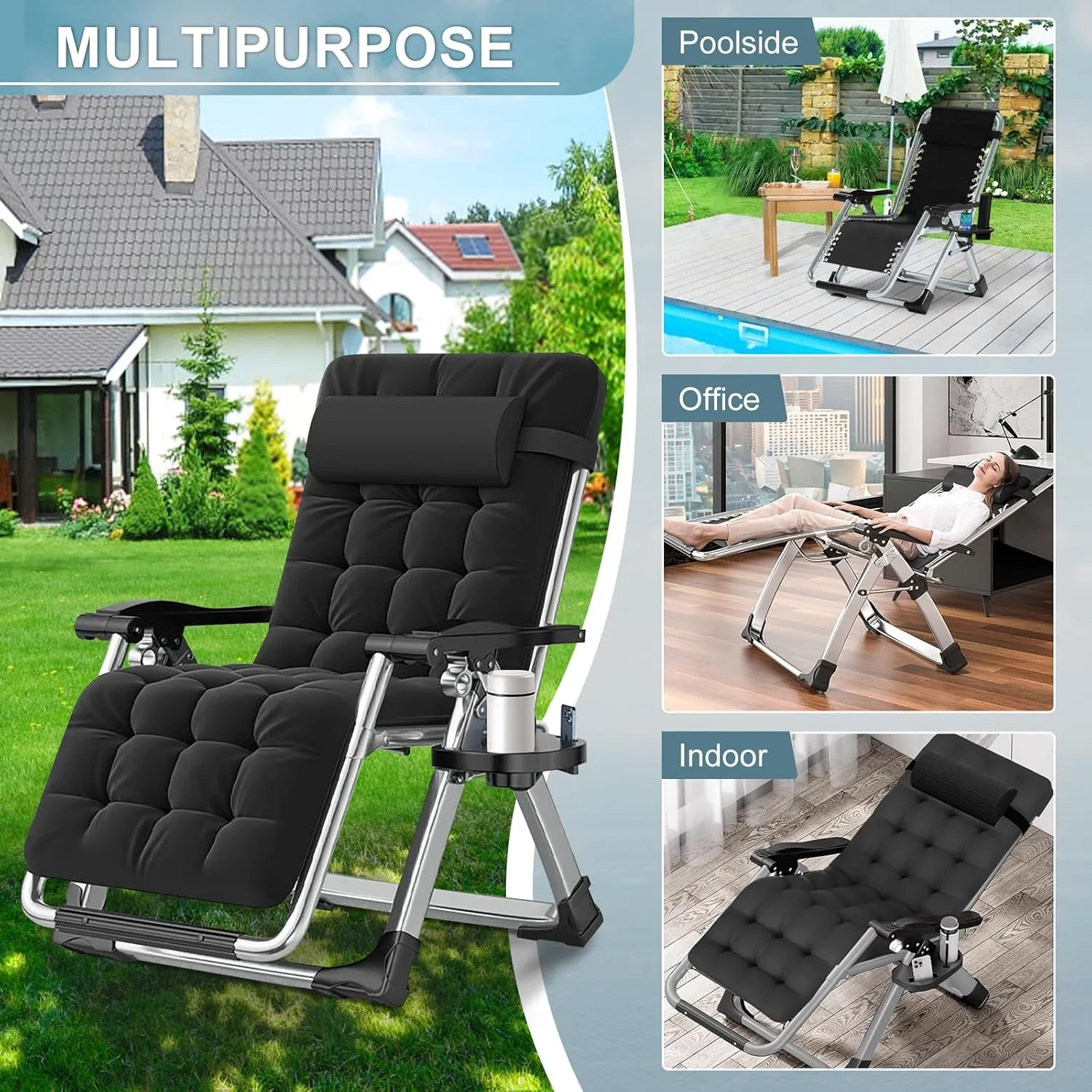 ABORON Zero Gravity Chair Set of 2, Outdoor Lounge Chairs Sun Loungers with Removable Cushion,Headrest,Cup Holder,Reclining Patio Lounger Chair for Indoor and Outdoor
