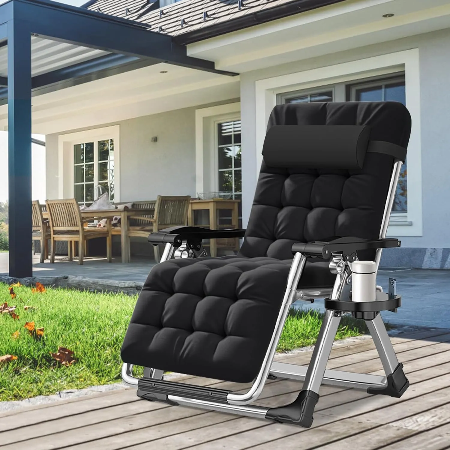 ABORON Zero Gravity Chair Set of 2, Outdoor Lounge Chairs Sun Loungers with Removable Cushion,Headrest,Cup Holder,Reclining Patio Lounger Chair for Indoor and Outdoor