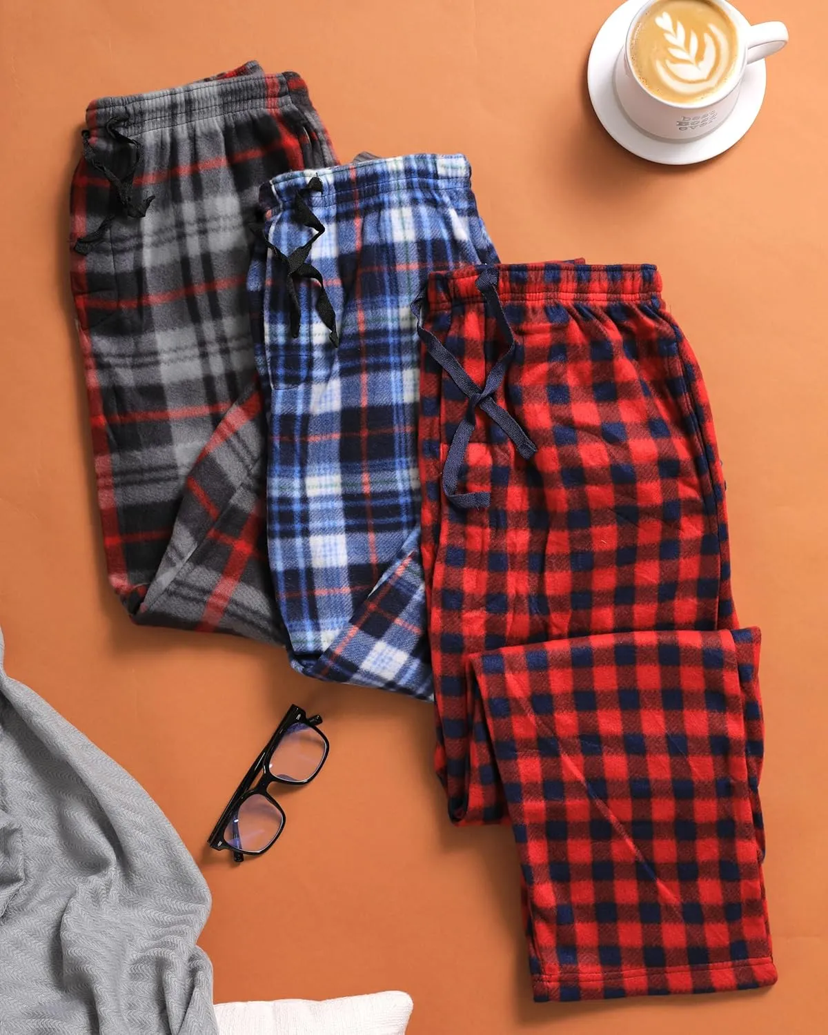 Active Club 3 Pack Mens Fleece Pajama Pants - Plaid Lounge Bottoms with Pockets (S- 3X)
