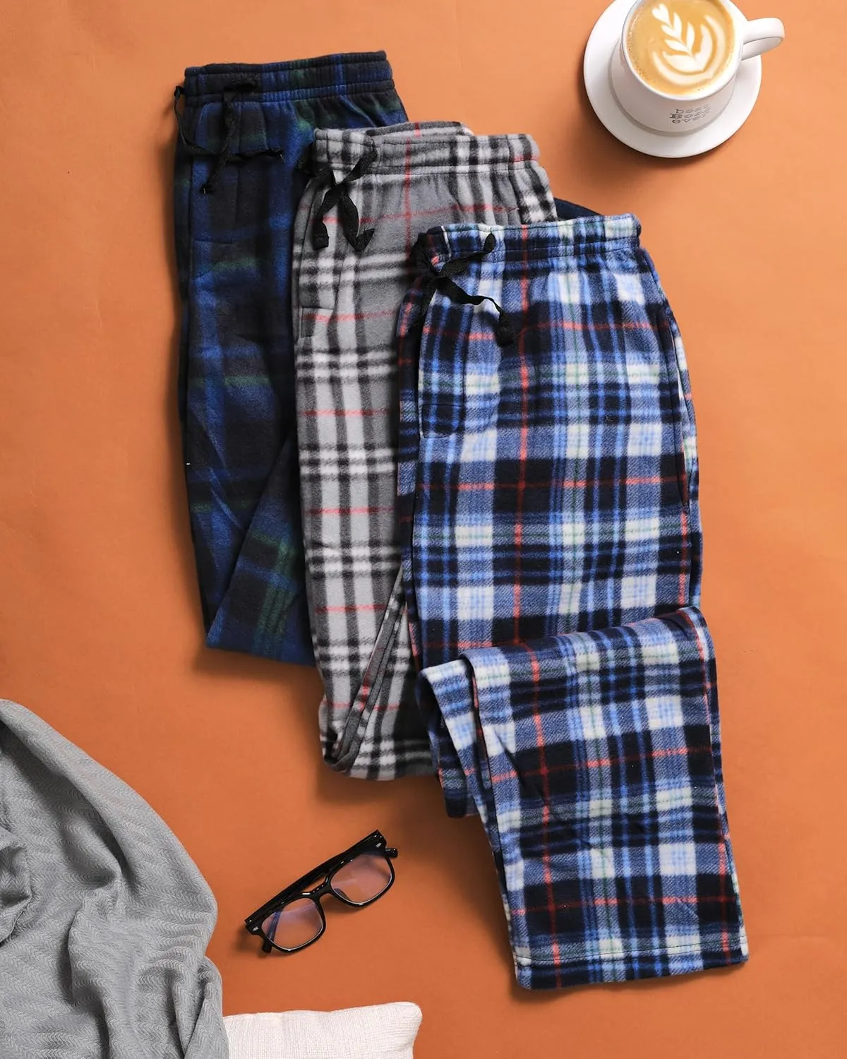 Active Club 3 Pack Mens Fleece Pajama Pants - Plaid Lounge Bottoms with Pockets (S- 3X)