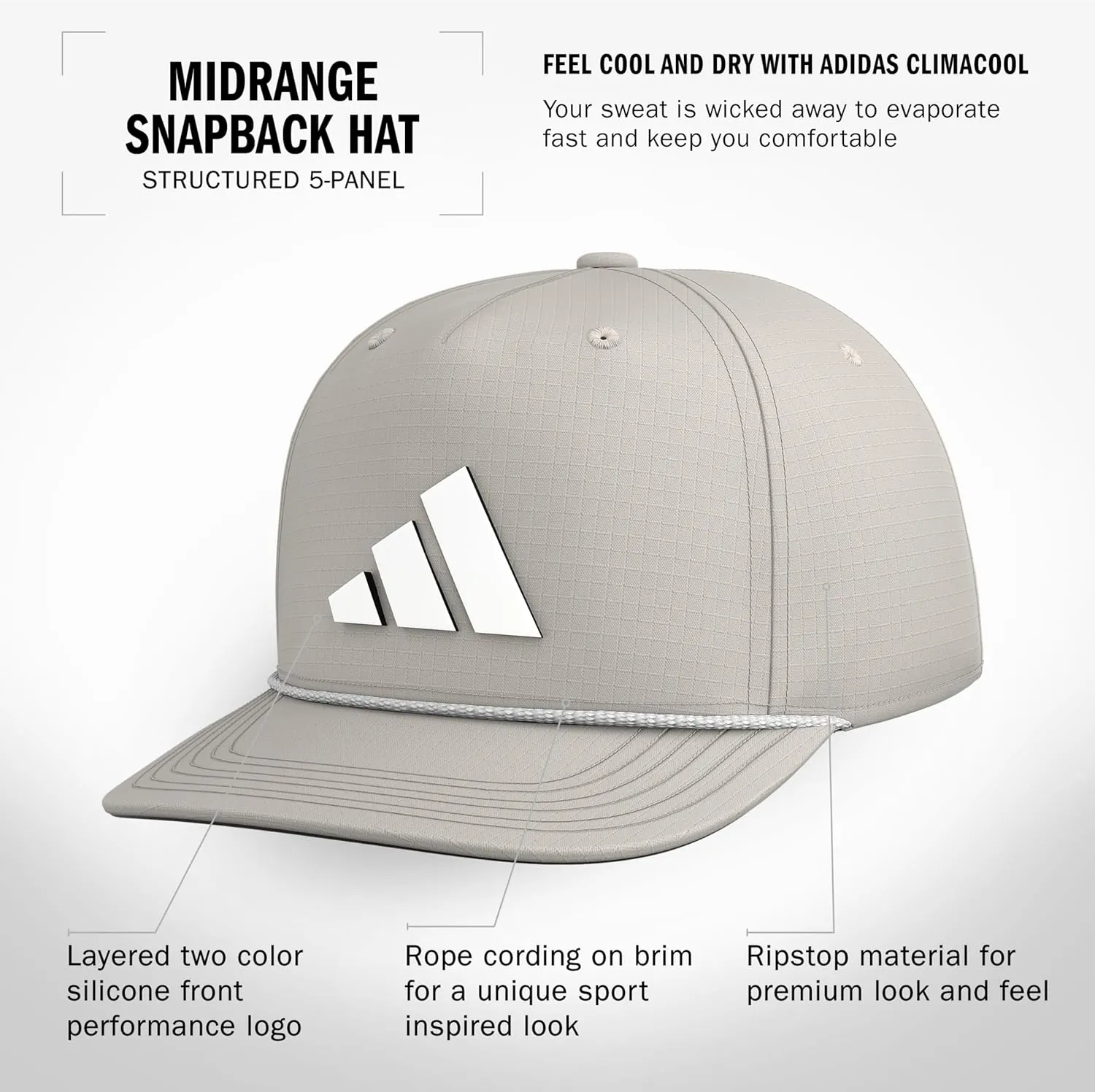 adidas Men's Midrange Structured High-Crown Slight Pre Curve Brim Adjustable Fit Snapback Hat with Retro Rope Cording Detail