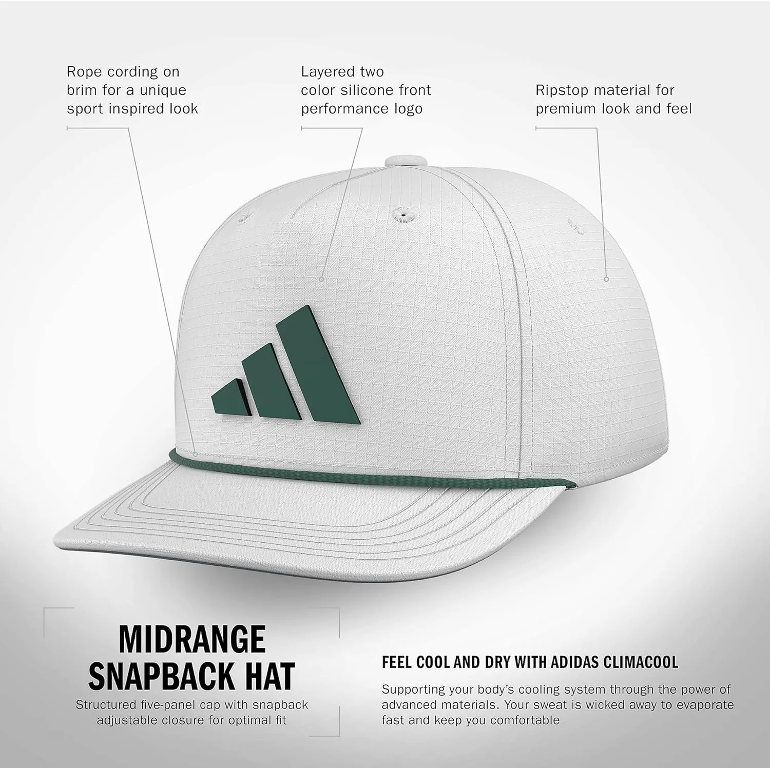 adidas Men's Midrange Structured High-Crown Slight Pre Curve Brim Adjustable Fit Snapback Hat with Retro Rope Cording Detail