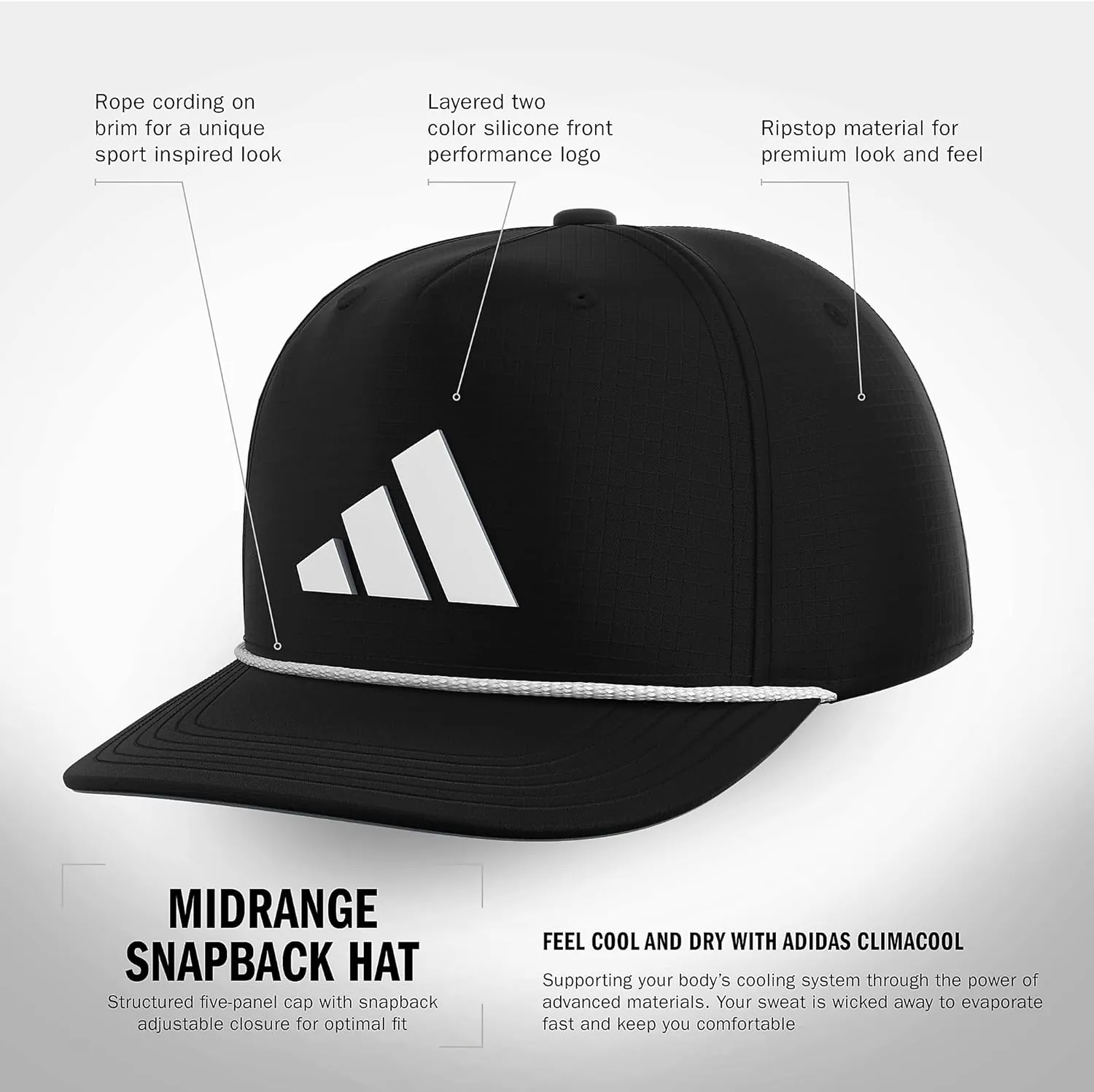 adidas Men's Midrange Structured High-Crown Slight Pre Curve Brim Adjustable Fit Snapback Hat with Retro Rope Cording Detail