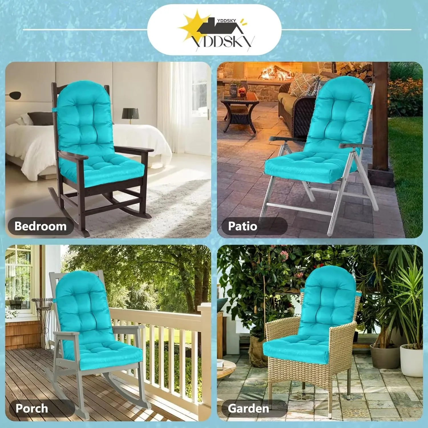 Adirondack Chair Cushion, Rocking Cushions 44x19.4x4 inch, High Back Patio Recliner Cushion of Upper and Lower with Ties, Sunscreen and Fade-Resistant Lake Blue，1